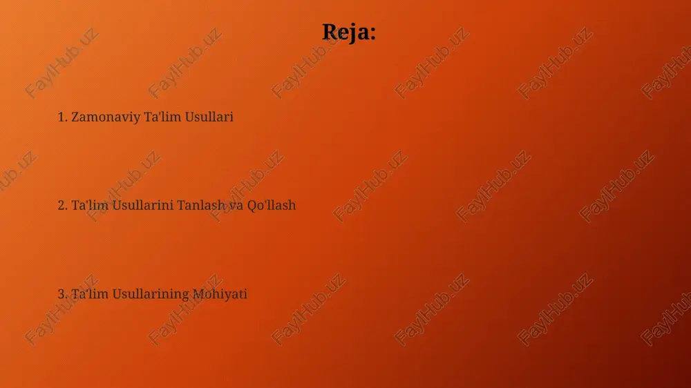 i, 70% dan ortiq dars vaqti mustaqil o'rganishga, 30% esa sinfda amaliy mashqlar va muhokamalarga ajratilishi bilan ajralib turadi. o'quvchining roli o'quv jarayonida o'quvchining 70% vaqti mustaqil ishlashga, 30% esa guruhiy muhokama va murabbiy bilan muloqotga ajratilishi samarali hisoblanadi. o'quvchining roli faol bilimlarni egallab, 3 dan ortiq manbalardan foydalanishni, shu jumladan ham tengdoshlar bilan hamkorlikni nazarda tutadi. o'qituvchining roli muvaffaqiyatli o'qituvchi, o'zining pedagogik mahoratini 4 ta asosiy komponent: rejalashtirish, taqdimot, baholash va aks ettirish asosida rivojlantiradi. o'qituvchi, o'quv jarayonida faol moderator vazifasini o'tab, kamida 3 xil o'quv uslubini samarali qo'llaydi va o'quvchilarning 70% faol ishtirokini ta'minlaydi. ta'lim samaradorligini oshirish individual yondashuv va farqlashtirilgan ta'lim, har bir o'quvchining ehtiyojlarini hisobga olgan holda, o'zlashtirish darajasini 20% ga ko'tarishga va akademik muvaffaqiyatlarni yaxshilashga yordam beradi. o'quv jarayoniga zamonaviy texnologiyalar, jumladan, onlayn platformalar va simulyatsiyalarni joriy etish, o'quv natijalarini 25% ga yaxshilashga yordam beradi va o'quvchilarning motivatsiyasini kuchaytiradi. ta'lim jarayonini rejalashtirish o'quv jarayonini 25% …