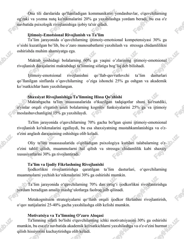 arayonida o’quvchilarning ijtimoiy-emotsional kompetensiyasi 30% ga o’sishi kuzatilgan bo’lib, bu o’zaro munosabatlarni yaxshilash va stressga chidamlilikni oshirishda muhim ahamiyatga ega. maktab yoshidagi bolalarning 60% ga yaqini o’zlarining ijtimoiy-emotsional rivojlanish darajalarini maktabdagi ta’limning sifatiga bog’liq deb bilishadi. ijtimoiy-emotsional rivojlanishni qo’llab-quvvatlovchi ta’lim dasturlari qo’llanilgan sinflarda o’quvchilarning o’ziga ishonchi 25% ga oshgan va akademik ko’rsatkichlar ham yaxshilangan. shaxsiyat rivojlanishiga ta’limning hissa qo’shishi maktabgacha ta'lim muassasalarida o'tkazilgan tadqiqotlar shuni ko'rsatdiki, o'yinlar orqali o'rgatish usuli bolalarning kognitiv funksiyalarini 25% ga va ijtimoiy moslashuvchanligini 15% ga yaxshilaydi. ta'lim jarayonida o'quvchilarning 70% gacha bo'lgan qismi ijtimoiy-emotsional rivojlanish ko'nikmalarini egallaydi, bu esa shaxsiyatning mustahkamlanishiga va o'z-o'zini anglash darajasining oshishiga olib keladi. oliy ta'lim muassasalarida o'qitiladigan psixologiya kurslari talabalarning o'z-o'zini tahlil qilish, muammolarni hal qilish va stressga chidamlilik kabi shaxsiy xususiyatlarini 30% ga rivojlantiradi. ta’lim va ijodiy fikrlashning rivojlanishi ijodkorlikni rivojlantirishga qaratilgan ta’lim dasturlari, o‘quvchilarning muammolarni yechish ko‘nikmalarini 30% ga oshirishi mumkin. ta’lim jarayonida o‘quvchilarning 70% dan ortig‘i ijodkorlikni …
