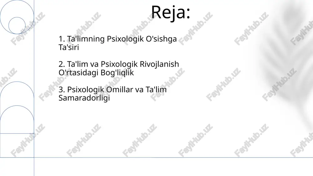 da oshirib, psixologik salomatlikka salbiy ta'sir ko'rsatadi. 5. ta'lim va psixologik rivojlanish o'rtasidagi bog'liqlik ta'lim jarayonida o'quvchilarning kognitiv rivojlanishi 20% ga, ijtimoiy-emotsional rivojlanishi esa 30% ga yaxshilanadi, bu esa o'z-o'zini anglash va mustaqillikka erishishda muhim rol o'ynaydi. maktabgacha ta'limning sifati bolaning keyingi psixologik rivojlanishiga sezilarli ta'sir ko'rsatadi. o'rtacha 5 yoshli bolaning intellektual ko'rsatkichlarining 40% ga yaqini maktabgacha ta'lim sifatiga bog'liq. 6. oliy ta'lim va shaxsning shakllanishi ta'lim jarayonida 5 bosqichli psixologik rivojlanish modeli qo'llanilishi, shaxsning o'z-o'zini anglashi, motivatsiyasi va qadriyatlar tizimining shakllanishiga ijobiy ta'sir ko'rsatadi. oliy ta'lim muassasalarida psixologik xizmatlarning mavjudligi, talabalarning 30% gacha bo'lgan qismida stress va ruhiy zo'riqish darajasini pasaytirishga yordam beradi. 7. ta'lim va kognitiv rivojlanish maktabgacha ta’limda oʻyinlar orqali kognitiv rivojlanishni ragʻbatlantirish 30% ga yaqin oʻquvchi muvaffaqiyatini oshirishi isbotlangan. oʻrta ta’limda metakognitiv strategiyalarni oʻrgatish oʻquvchilarning bilimni egallab olish va eslab qolish samaradorligini 15-20% ga yaxshilaydi. 8. ta'lim va ijtimoiy-emotsional rivojlanish bolalarning ijtimoiy-emotsional rivojlanishiga yo'naltirilgan interaktiv o'yinlar …