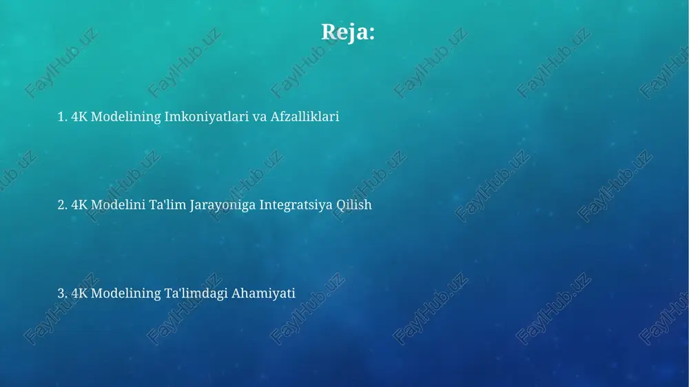 i talab qilishi mumkin. o'qituvchilar uchun yangi imkoniyatlar o‘qituvchilar 4k sifatida video va 3d modellardan foydalanib, murakkab tushunchalarni sodda va tushunarli tarzda tushuntirish imkoniyatiga ega bo‘ladilar. 4k modelining interaktiv taʼlim vositalaridan foydalanish imkoniyatini 30% ga oshirib, o‘qituvchilarga yanada jozibador va samarali darslar tayyorlashga yordam beradi. talabalarning o'rganish jarayoniga ta'siri 4k modelining yuqori piksellari (taxminan 8 million) tufayli talabalar o'quv materiallarini aniqroq va batafsilroq ko'rishlari, bu esa tushunish va eslab qolish darajasini 20% ga oshirishi mumkin. 4k texnologiyalaridan foydalanish interaktiv o'quv dasturlarini yaratish imkonini beradi, bu esa talabalarning faol ishtiroki va o'zlashtirish darajasini (o'rtacha 10-15 ballga) yaxshilaydi. interaktiv o'quv materiallari interaktiv darsliklar va simulyatsiyalar kabi 4k materiallar, murakkab tushunchalarni 2-3 baravar tezroq o'zlashtirishga yordam beradi, bu esa o'quv vaqtini tejaydi. 4k modelining interaktiv o'quv materiallari orqali 30% ga yaqin o'quvchilarning bilim olish samaradorligini oshirish imkoniyati mavjudligini tadqiqotlar ko'rsatmoqda. ta'lim sifatining yaxshilanishi 4k texnologiyalari yordamida taqdim etilgan vizual ma'lumotlar miqdori 10 baravar …