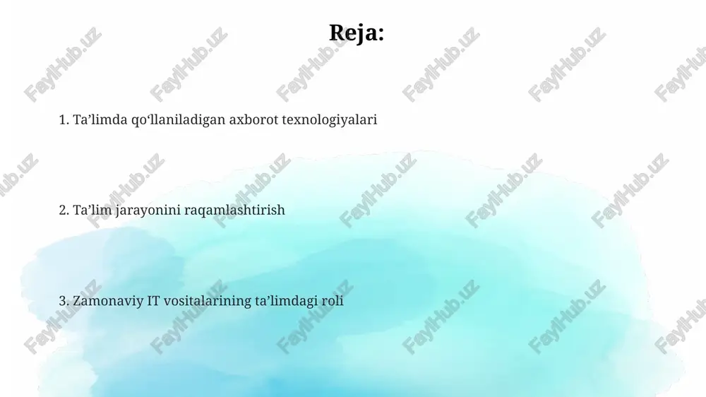 ar o'qituvchilarga 200 dan ortiq o'quv resurslarini, shu jumladan, interaktiv testlar va virtual laboratoriyalarni taqdim etadi, bu esa ta'lim samaradorligini oshiradi. onlayn ta'lim va masofaviy o'qitish onlayn ta'lim samaradorligini oshirish uchun interaktiv o'quv materiallari, virtual laboratoriyalar va simulyatsiyalar kabi vositalardan foydalanish 30% gacha o'qish natijalarini yaxshilashi mumkin. masofaviy o'qitishda 2023-yilda 70% dan ortiq talaba onlayn platformalardan foydalangan bo'lib, bu ta'limning raqamlashuvi jarayonini tezlashtirdi. masofaviy o'qitishda talabalarning o'z-o'zini boshqarish ko'nikmalarini rivojlantirish muhim bo'lib, o'quv jarayonining 40% muvaffaqiyati bunga bog'liq. ta'limda qo'llaniladigan axborot texnologiyalari virtual va kengaytirilgan haqiqat texnologiyalari (vr/ar) ta'limda 3d modellashtirish va immersiv muhitlarni yaratish orqali o'quvchilarning faol ishtirokini 15% ga oshiradi. interfaol o'yinlar va simulyatsiyalar, jumladan, 5 dan ortiq ta'lim dasturlari orqali o'quvchilarning bilim va ko'nikmalarini mustahkamlashga yordam beradi va 30% ga bilim darajasini oshiradi. ta'limda onlayn o'quv platformalari, masalan, edmodo yoki moodle kabi 10 dan ortiq turdagi tizimlar qo'llanilmoqda, bu o'quv jarayonini samaradorligini 20% ga oshirishga yordam beradi. …