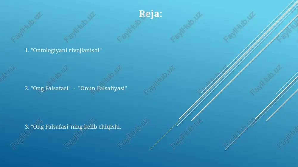 n u fin tilidagi "ontologia" (ontologiya) va "falsafasi" (falsafa) so'zlarining birikmasi bo'lishi mumkin. "ong falsafasi" ning o'zbekcha tarjimasi "ontologiya" dir. xulosa va xulosalar haqiqat tabiati haqida asosiy savollarni o'rganadi, masalan, nima mavjud, bor bo'lish nimani anglatadi va narsalar qanday tasniflanadi. ontologiya mavjudot va borliqni falsafiy o'rganishdir. "ong falsafasi" "ontologiya" deb tarjima qilinadi. "ong falsafasi" in uzbek would be "ong falsafiyasi". "ong falsafasi" -> "ontologiya" ontologiya mavjudot, borliq va haqiqat tabiatini o'rganadigan falsafa tarmog'idir. "ong falsafasi" bu fin tilidagi bir iboradır. e'tiboringiz uchun rahmat @taqdimot_robot