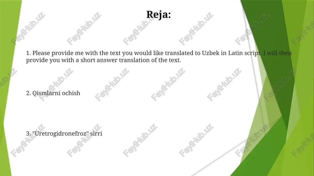 qlik ma'nosini bildiradi. nefroz: ehtimol "nefros" so'zining xato yozilishi bo'lib, buyraklarni anglatadi. uretra bilan bog'liq, siydik o'tadigan naycha. "gidro" va "nefroz" xatolarini tahlil qilish. ko'proq kontekstsiz aniq tarjima qilish qiyin. "uretrogidronefroz" ehtimol uchta tibbiy atama: "uretro" (siydik yo'li), "gidro" (xato yozilgan "hydro" - suyuqlik degani) va "nefroz" (xato yozilgan "nephros" - buyrak degani) so'zlarini birlashtirgan bo'lishi mumkin. etimologik tahlil: ildizlarni ochish bu so'z uchta tibbiy atamadan iborat: "uretro" (siydik chiqarish yo'li), "gidro" ("suv" ma'nosini bildiradigan "hydro" so'zining noto'g'ri yozilishi mumkin) va "nefroz" ("buyrak" ma'nosini bildiradigan "nephros" so'zining noto'g'ri yozilishi mumkin). kontekstsiz holda, aniq tarjima qilish qiyin. uretrogidronefroz, ehtimol, siydik chiqarish yo'li, suyuqliklar va buyraklar bilan bog'liq holat yoki jarayonni anglatadi. minnatdorchiliklar gidro: ehtimol "hidro" so'zining noto'g'ri yozilishi bo'lib, suv yoki suyuqlik degan ma'noni anglatadi. uretra: siydik pufagidan siydik o'tkaziladigan naycha. nefroz: ehtimol "nefros" so'zining noto'g'ri yozilishi bo'lib, buyraklarni bildiradi. potensial aloqa: gipotetik shart yoki protsedura qo'shimcha kontekstsiz, ma'nosi aniq emas. …
