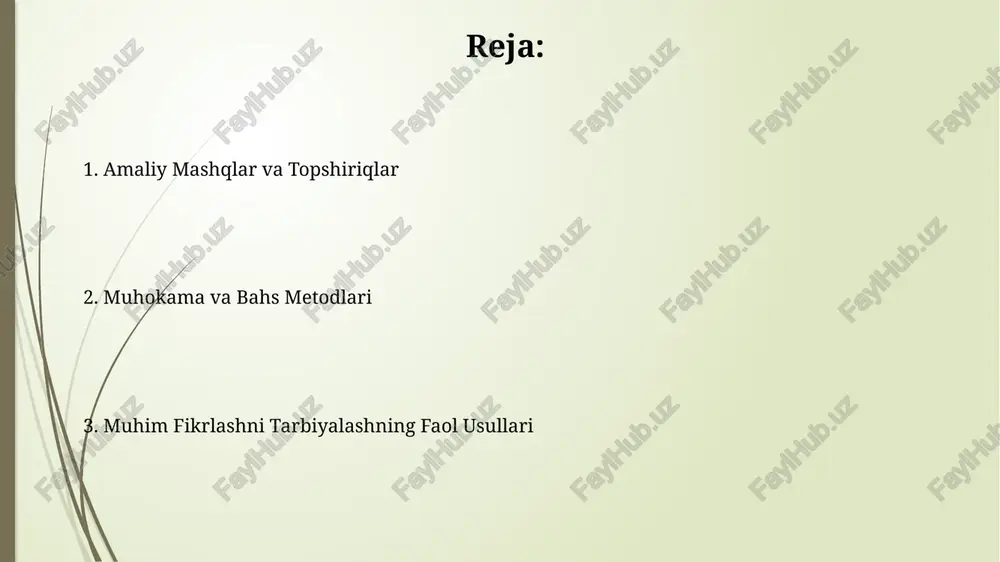 shonchliligini oshiradi. tahliliy fikrlash ko'nikmalarini rivojlantirish uchun 5 ta turli yondashuvlarni qo'llab, xulosalarni turli burchaklardan baholash maqsadga muvofiq. isbotlash va rad etish texnikalari "aksiga isbotlash" usulida talabalar 2-3 ta farazni qarama-qarshi tomondan tahlil qilib, ularning zaif tomonlarini aniqlaydilar va 4-5 ta alternativ yechim taklif qiladilar. "rad etish" texnikasi talabalarning 3 ta argument orqali noto'g'ri fikrlashni aniqlash va ularga qarshi 5 ta dalil keltirish qobiliyatini oshiradi. fikrlash xaritalari va diagramma usullari fikrlash xaritalari murakkab mavzularni 3 dan 7 gacha asosiy tarmoqlarga boʻlib, 2-5 ta kichik tarmoqlar bilan boyitish orqali soddalashtiradi, bu esa tushunishni yaxshilaydi. diagramma usullari, masalan, venn diagrammasi, 2 yoki undan ortiq gʻoyalar oʻrtasidagi oʻxshashlik va farqlarni aniq koʻrsatish orqali taqqoslash va tahlil qilishni kuchaytiradi. tahliliy o'yinlar va simulyatsiyalar ro'l o'ynash o'yinlari yoki simulyatsiyalar jarayonida kamida 2 ta turli nuqtai nazardan muammoni ko'rib chiqish, 10 dan ortiq variantni baholash va strategik fikrlashni rivojlantirishga olib keladi. tahliliy o'yinlar, masalan, "qamoqqa olish" …