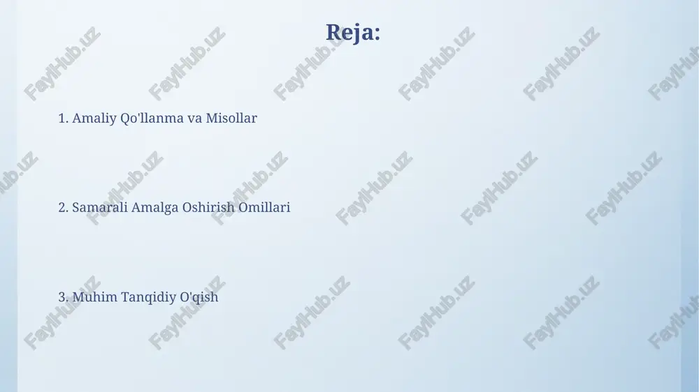 omonlarni aniqlashda, kamida 2 xil tahlil usulini (masalan, semantik va retorik) qo'llash tavsiya etiladi, bu aniqlikni oshiradi. matnning kuchli tomonlarini baholashda, 3 dan ortiq manba keltirilishi va ularning 80% dan ortig'i ishonchli bo'lishi muhim, aks holda ob'ektivlikka putur yetishi mumkin. asosiy fikr va dalillarni aniqlash matn tuzilmasini (kirish, rivojlanish, xulosa) tahlil qilish orqali 5 ta asosiy fikrni va ularni qo'llab-quvvatlovchi dalillarni aniqlash mumkin. dalillarni baholayotganda, kamida 3 ta manba va ularning ishonchliligini tekshirish, mulohazalarga asoslangan xulosalar chiqarishga yordam beradi. samarali amalga oshirish omillari "samarali amalga oshirish omillari" quyidagi 5 ta asosiy omillarni o'z ichiga oladi: o'qituvchilarning malakasi, o'quv resurslari, o'quvchilarning motivatsiyasi, baholovchi tizim va ta'lim muhiti. "samarali amalga oshirish omillari" ta'lim jarayonida 30% o'quvchilarning mustaqil fikrlash qobiliyatini rivojlantirishga, 20% esa tanqidiy fikrlash ko'nikmalarini oshirishga qaratilgan. e'tiboringiz uchun rahmat @taqdimot_robot image4.png image5.jpg image6.jpg image7.jpg image8.jpg image9.jpg image10.jpg image11.jpg image12.jpg image3.jpeg