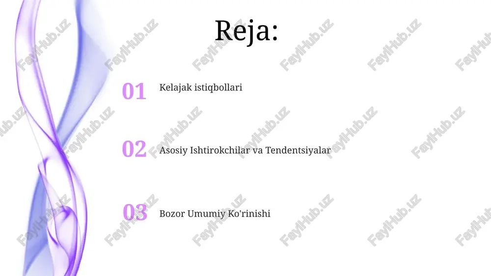 bozorni davlatga tegishli kompaniyalar boshqaradi, xususiy sug'urta kompaniyalari esa kichik rol o'ynaydi. bozor umumiy ko'rinishi bozor barqaror o'sishni boshdan kechirmoqda, bu esa xalqning daromadlari oshishi va sug'urta mahsulotlari haqida xabardorlikning oshishi kabi omillar bilan bog'liq. rossiya sug'urta bozori bir necha yirik o'yinchilar o'rtasida bozor ulushining yuqori konsentratsiyasi bilan ajralib turadi. tartibga solish maydoni xalqaro sanktsiyalarining sezilarli ta'siri, bu esa kuchaytirilgan nazorat va cheklovlarga olib keladi. rossiya markaziy banki tomonidan qat'iy nazorat qilinadi. hayot sug'urtasi rossiyada hayot sug'urtasi bozori o'sib bormoqda, ayniqsa tejash va investitsiya bilan bog'liq sug'urta mahsulotlariga talab ortib bormoqda. hukumiy muhit rivojlanmoqda, hukumat esa yanada rivojlangan va iste'molchilar uchun qulay hayot sug'urta bozorini shakllantirishni rag'batlantiryapti. raqamlashtirish & innovatsiya 01 02 taraqqiyotga qaramay, tartibga solish to'siqlari, raqamli savodxonlikning cheklanganligi va raqamli kanallarga bo'lgan ishonchning oshishi zarurati kabi qiyinchiliklar mavjud. raqamlash rossiya sug'urta bozorini o'zgartirib, samaradorlikni va mijozlar tajribasini oshirmoqda. sales 1st qtr 2nd qtr 100 0 sales 1st qtr …
