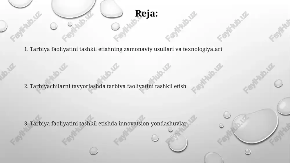 ishlarning asosiy afzalligi – o'quvchining shaxsiy ehtiyojlariga moslashish imkoniyati, 1:1 yondashuv tufayli individual yutuqlarni aniqroq kuzatish mumkin. tarbiya jarayonini rejalashtirish va tashkil etishning zamonaviy usullari tarbiya jarayonini loyihalashda 3 bosqichli model (tahlil, rejalashtirish, baholash) samaradorligini oshirishga yordam beradi va kamida 5 ta aniq maqsadni belgilashni talab qiladi. o'quvchilarning individual ehtiyojlarini inobatga olgan holda, kamida 4 ta turdagi faoliyatni (o'yin, ijod, amaliy, intellektual) birlashtirgan integratsion yondashuv samarali hisoblanadi. zamonaviy texnologiyalarni (onlayn platformalar, interfaol o'yinlar) qo'llash orqali 70% gacha o'quvchilarning ishtirokini va faollik darajasini oshirish mumkin. tarbiya faoliyatining samaradorligini baholash mezonlari ta'lim muassasalarida o'tkazilgan savollarga javoblar tahlili, 5 ball shkalasi bo'yicha baholash va o'quvchilarning faol ishtiroki darajasining 70% dan yuqori bo'lishi tarbiya faoliyatining samaradorligini aniqlashda muhim ahamiyatga ega. tarbiya faoliyatining samaradorligini baholashda o'quvchilarning bilim, ko'nikma va malakalarining 30% o'sishi, ijtimoiy moslashuvchanlik darajasining 20% yaxshilanishi va o'z-o'zini tarbiyalash darajasining 15% oshishi muhim ko'rsatkichlar hisoblanadi. o'quvchilarning xulq-atvoridagi ijobiy o'zgarishlar (masalan, 25% kamroq intizom buzish …
