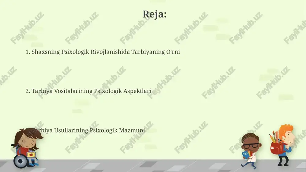 amaradorligi 85% ga yetishi mumkin, bu esa ularning rivojlanish bosqichiga mos keladi. yoshga moslashgan tarbiya uslublarini qo'llash orqali 20-25% ga ijtimoiy moslashuvning yaxshilanishi kuzatiladi, bu esa salbiy xulq-atvor namoyonlarini kamaytiradi. qobiliyat va iste'dodlarni rivojlantirish qobiliyatlarni aniqlashda kamida 5 ta turli psixologik testlardan foydalanish, natijalarni statistik tahlil qilish orqali aniqroq natijalarga erishish mumkin. individual yondashuv orqali, har bir bolaga mos keluvchi 3-5 ta rivojlantirish strategiyasini qo'llash, ularning qobiliyat va iste'dodlarini samarali rivojlantirishga yordam beradi. mukofot va jazolarning psixologik ta'siri jazolar, salbiy mustahkamlash sifatida, xatti-harakatlarning 15% gacha kamayishiga olib kelishi mumkin, ammo uzoq muddatli ta'siri samarali emas, va agressiv xulqni kuchaytirishi mumkin. mukofot va jazolarning samaradorligi individual farqlarga, 5 ta shaxs xususiyatlari va 10 ga yaqin atrof-muhit omillariga bog'liq bo'lib, nostandart yondashuvlarni talab qiladi. motivatsiya va rag'batlantirishning psixologik jihatlari rag'batlantirishning ta'siri shaxsning individual xususiyatlariga, jumladan, ehtiyojlar va qadriyatlariga bog'liq bo'lib, individual yondashuv samaradorlikni 20-30% ga oshirishi mumkin. tashqi rag'batlantiruvchi omillar, masalan, mukofotlar, …