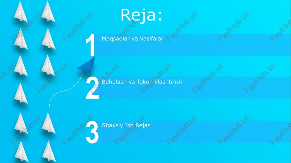 ko‘rsatkich – o‘quvchilarning bilim darajasi, ko‘nikma va malakalarining rivojlanishi hamda ularning shaxsiy yutuqlari hisoblanadi. pedagogik texnologiyalarni o'rganish start pedagogik texnologiyalarni o'rganishda kamida 5 ta turli onlayn platformalardan foydalanish va ularning samaradorligini 3 oy davomida kuzatish orqali taqqoslash rejalashtirilgan. interfaol o'yinlar va simulyatsiyalarni qo'llash orqali o'quvchilarning faol ishtirokini oshirish uchun 3 ta turli dasturiy ta'minotlarni o'rganish va amaliyotda qo'llash rejalashtirilgan. baholash va monitoring monitoring jarayoni o‘quv yilining boshi, o‘rtasi va oxirida kamida 3 marta o‘tkazilishi, har bir monitoring natijalari batafsil tahlil qilinib, tegishli tuzatishlar kiritilishi lozim. baholash jarayonida kamida 3 ta turli baholash usuli (masalan, test, insholar, amaliy topshiriqlar) qo‘llanilishi va har bir usul bo‘yicha o‘quvchilarning yutuqlari 5 ball shkalasi bo‘yicha aniq baholanishi kerak. yangi bilim va ko'nikmalarni egallash o'quvchilar bilan samarali muloqotni yaxshilash uchun 10 ta yangi kommunikativ ko'nikmalarni rivojlantirish bo'yicha treninglarga qatnashish va amaliyot o'tkazishni rejalashtirmoqdaman. yangi pedagogik texnologiyalarni o'zlashtirish bo'yicha 5 ta onlayn kursni muvaffaqiyatli tamomlashni rejalashtirmoqdaman, bu …