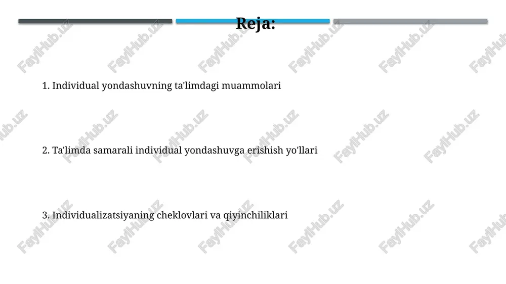 ndividual ta'lim rejalari tuzishda muhim rol o'ynaydi. samarali individual yondashuv uchun o'qituvchilar kamida 3 xil o'quv resurslaridan foydalanib, 10 dan ortiq turdagi o'quv uslublarini qo'llashi va o'quvchilar bilan muntazam aloqada bo'lishi zarur. ta’limda individual yondashuvning amaliy jihatlari individual yondashuvni amalga oshirishda kamida 20% vaqtni har bir o‘quvchining ehtiyojlarini baholashga, shaxsiylashtirilgan vazifalarni tayyorlashga va ularning progressini kuzatishga bag‘ishlash kerak. ta’limda individual yondashuvning samaradorligini oshirish uchun o‘quvchilarning kognitiv uslublarini aniqlash va ularga moslashtirilgan 3-5 ta o‘quv strategiyalaridan foydalanish muhim ahamiyat kasb etadi. individual yondashuvning natijalari va istiqbollari individual yondashuvning kelajagi, shaxsiylashtirilgan o'quv dasturlari va sun'iy intellekt texnologiyalari bilan bog'liq bo'lib, ta'lim sifati va samaradorligini 40% ga yaxshilash potentsialiga ega. individual yondashuv o'quvchilarning 20% da akademik ko'rsatkichlarni 15-20% ga oshirishini, shu bilan birga, motivatsiyaning 30% ga o'sishiga olib kelishini ko'rsatuvchi tadqiqotlar mavjud. individual yondashuv va o’quv rejalari differensial o'qitish tamoyillarini qo'llagan holda tuzilgan individual o'quv rejalari, o'quv jarayoniga o'quvchining qiziqishlari va motivatsiyasi kabi …
