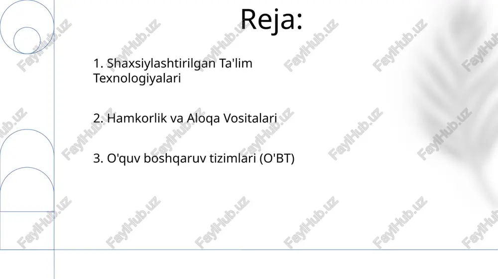 yo'llarini shakllantiradi. 7. mikro o'rganish va qisqa mazmunli kontent mikro o'qitish ma'lumotlarni oson hazm qilinadigan bo'laklarga bo'ladi, bu esa o'rganish va eslab qolishni osonlashtiradi. o'quv boshqaruv tizimlari (lms) va mobil ilovalar mikroo'quv mazmunini tashkil qilish va etkazib berish, progressni kuzatish va jalb qilishni rivojlantirishga yordam beradi. 8. mobil o'qitish va byod mobil o'qish har qanday vaqtda, har qanday joyda moslashuvchan o'qish uchun ko'chma qurilmalardan foydalanadi. mobil o'quv platformalari va ilovalari o'quv mazmunini yaratish, etkazib berish va kuzatish uchun vositalarni taqdim etadi. 9. shaxsiylashtirilgan o'quv platformalari shaxsiylashtirilgan o'quv yo'llari, talabaning individual ehtiyojlari va maqsadlariga asoslangan. adaptive o'quv texnologiyalari real vaqtda ko'rsatilgan natijalarga qarab qiyinchilik va mazmunni moslashtiradi. 10. moslashuvchan o'rganish texnologiyalari talaba ehtiyojlari va taraqqiyotiga asoslangan shaxsiylashtirilgan o'quv yo'llari. natijalarga qarab qiyinchilik darajasi va mazmunini sozlaydigan moslashuvchan baholash. e'tiboringiz uchun rahmat @taqdimot_robot image1.png image2.jpg image3.jpg image4.jpg image5.jpg image6.jpg image7.jpg image8.jpg image9.jpg image10.jpg image11.jpg