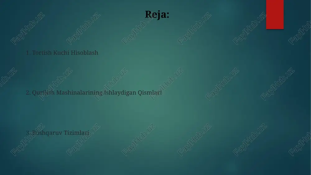 olat tahlillari va qo'llanmalar qurilish mashinalarining texnik va iqtisodiy ko'rsatkichlari boshqarish tizimlari xavfsizlik ko'rib chiqishlari va qoidalar qurilish mashinalarining texnik va iqtisodiy ko'rsatkichlari boshqarish tizimlari tormoz kuchini aniqlash talablari qurilish mashinalarining tortish kuchi hisoblash qurilish mashinalarining ishchi qismlari xulosa qurilish mashinalarining ishlaydigan qismlari, boshqaruv tizimlari, qurilish mashinalarining tortish kuchini hisoblash. - boshqaruv tizimlari - qurilish mashinalarining tortish kuchi hisoblash - qurilish mashinalarining texnik va iqtisodiy ko'rsatkichlari quvvat uzatish tizimlari va komponentlari qurilish mashinalarining tortish kuchini hisoblash boshqaruv tizimlari texnik ko'rsatkichlar: samaradorlik va samaradorlik qurilish mashinalarining texnik va iqtisodiy ko'rsatkichlari qurilish mashinalari uchun tortish kuchini hisoblash tortish kuchi hisoblash: nazariya va usullar qurilish mashinalarining tortish kuchini hisoblash qurilish mashinalarining ishchi qismlari e'tiboringiz uchun rahmat @taqdimot_robot image6.jpg image7.jpg image8.jpg image9.jpg image10.jpg image11.jpg image12.jpg image13.jpg image14.jpg image15.jpg image16.jpg image17.jpg image18.jpg image19.jpg image20.jpg image21.jpg image22.jpg image2.png image3.png image4.png image5.png