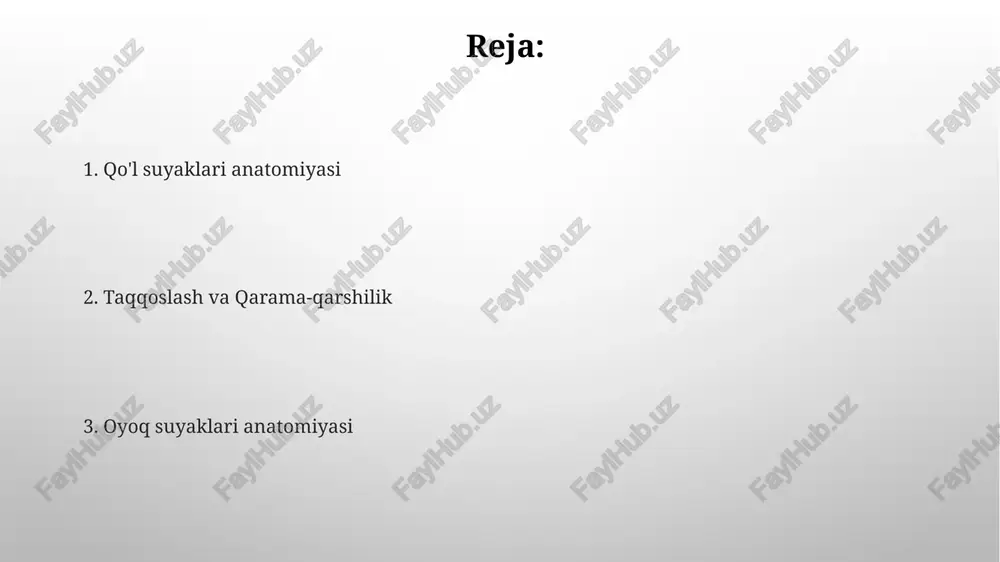 'piq suyagi to'piqlar to'piq va oyoqni tashkil etuvchi yettita suyakdir. to'piq suyaklari oyoqqa mustahkamlik va egiluvchanlik beradi. muskul birikmalari bu tuzilmalarni harakatga keltirish va boshqarish imkonini beradi. muskullar suyaklarga tendonlar orqali biriktiriladi. oyoq suyaklari: metatarsallar metatarsuslar oyoqdagi uzun suyaklar bo'lib, tarsuslarni falangalarga bog'laydi. metatarsallar katta barmoqdan kichik barmoqqa qarab 1-5 raqamlangan. e'tiboringiz uchun rahmat @taqdimot_robot image3.png image4.jpg image5.jpg image6.jpg image7.jpg image8.jpg image9.jpg image10.jpg image11.jpg image12.jpg image13.jpg image14.jpg image15.jpg image1.png