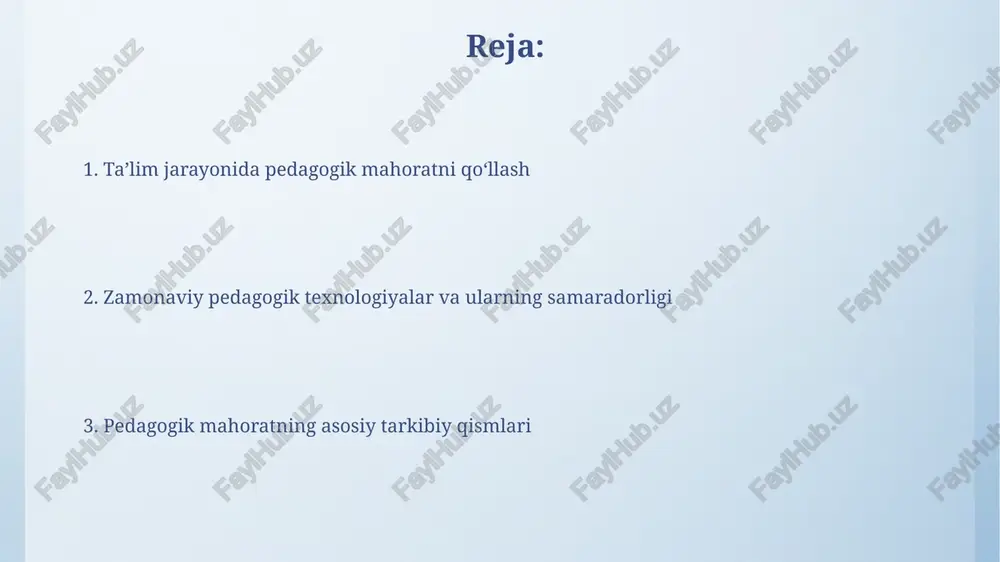 tuvlar va portfel baholari kabi turli xil baholash usullarini qo'llash maqsadga muvofiqdir. zamonaviy ta’lim texnologiyalaridan foydalanish o’quv jarayoniga virtual va kengaytirilgan reallik texnologiyalarini qo’llash, murakkab tushunchalarni 5-10 daqiqada tushunarli tarzda tushuntirish imkonini beradi, natijada o’zlashtirish darajasi yuqori bo’ladi. zamonaviy ta’lim texnologiyalari, masalan, interfaol doskalar va onlayn platformalar, o’quv jarayonini 20% ga tezlashtirib, o’quvchilarning faol ishtirokini 30% ga oshirishi mumkin. pedagogik mahoratning mohiyati samarali pedagogik mahorat darslarni 3 ta asosiy bosqichga (tayyorgarlik, o’tish va umumlashtirish) bo’lish orqali o’quvchilarning bilimlarini 20% ga oshirishi mumkin. pedagogik mahorat o’qituvchining 5 ta asosiy kompetensiyasini (kommunikativ, diagnostik, dizayn, refleksiv va ijodkorlik) o’zida mujassamlashtirib, ta’lim jarayonini samarali boshqarish qobiliyatidir. e'tiboringiz uchun rahmat @taqdimot_robot image4.png image5.jpg image6.jpg image7.jpg image8.jpg image9.jpg image10.jpg image11.jpg image3.jpeg