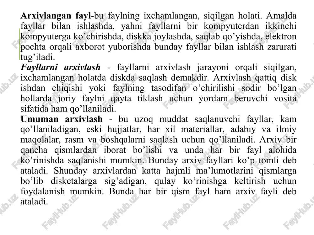 bo’yicha farq qiladi. foydalanuvchi har xil turdagi arxiv fayllarini kengaytmasi bo’yicha farqlaydi. siqish turi shu arxivning formati deyiladi. arxivlangan fayl arxivda qaysi fayllar borligini bildiruvchi sarlavhaga ega bo’ladi. arxiv sarlavhasida unda saqlanuvchi har bir fayl uchun quyidagi ma’lumotlar saqlanadi: fayl nomi; fayl saqlanuvchi katalog haqida ma’lumot; faylning oxirgi marta qayta ishlangan sanasi va vaqti; faylning diskdagi va arxivdagi o’lchami; arxivning to’liqligini tekshirishda ishlatiladigan har bir faylning tsiklik tekshirish kodi. arxiv fayllari oddiy fayllar kabi nomlanadi. quyida biz windows muhitida fayllarni arxivlash uchun yaratgan winrar dasturi bilan tanishib chiqamiz. winrar arxivlash dasturi winrar arxivlovchi dasturi rar formatidagi arxiv fayllari hosil qiladi. rar formatidagi arxivning ustunlik tomonlari bir nechta bo’lib, ular birinchidan zichlash samaradorligi ancha yuqori, ikkinchidan ko’p tomli va uzuluksiz arxivlar hosil qila oladi, uchinchidan 8 eksobaytgacha hajmli fayllarni xam arxivlash imkonini beradi. tom deb arxivning bir necha qismdan iborat bo’laklarga bo’linishiga aytiladi. odatda tomlar katta xajmdagi arxivni bir necha disklarda …