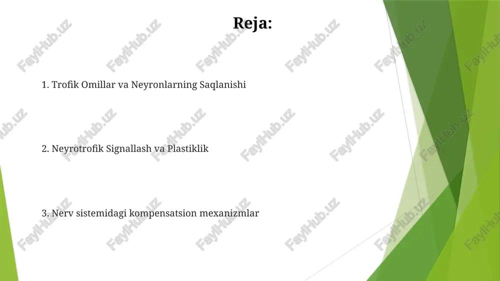 onlarning hayotda qolishi va sog'lig'ida muhim rol o'ynaydi, buzilishi esa neyrodegenerativ kasalliklarga olib kelishi mumkin. neyrotrofik faktorlar: neyronlarning hayotda qolishi va o'sishiga asosiy o'yinchilar neyrotrofik omillar neyronlarning hayotini saqlash va o'sishini rag'batlantiradi. ular nerv sistemasining trofik funktsiyasiga hissa qo'shadi. stress va trofik funktsiya stress nerv sistemasida trofik funksiyani buzishi, neyronlarning disfunksiyasi va hujayralarni o'lishga olib kelishi mumkin. nerv sistemasidagi kompensatsiya moslashuvlari, masalan, neyrogenez va sinaptik plastisitning oshishi, stress sharoitida trofik funksiyani saqlashga yordam beradi. nerve growth factor (ngf) va uning regeneratsiyadagi roli ngf nerv hujayralarining yashashini, o'sishini va jarohatdan keyin tiklanishini rag'batlantiradi. ngf asab tizimidagi neyronlarning sog'lig'ini va faoliyatini saqlashda muhim rol o'ynaydi. bdnf: muhim neyrotrof faktor mashq, ovqatlanish va stress bdnf darajasiga ta'sir qilishi mumkin. u neyroplastiklik, o'rganish va xotirada rol o'ynaydi. nevrologik kasalliklarda trofik faktorlarning davolash imkoniyati nerv sistemasini shikastlanish yoki kasallikka moslashtirish mexanizmlari, masalan, neyrogenez, akson regeneratsiyasi va sinaptik plastika kabi. trofik faktorlar neyronlarning saqlanishi, o'sishi va …