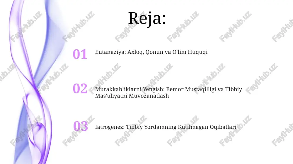 'lam eutanaziya, murakkab axloqiy masala, bemorning mustaqilligi va hayotni tugatishdagi sog'liqni saqlashning roli haqida savollarni keltirib chiqaradi. iatrogenez va evtanaziya kesishishi hayotni uzaytirish va azob-uqubatlarni yengillashtirish o'rtasidagi muvozanatga oid axloqiy muammolarni keltirib chiqaradi. etanaziya uchun va qarshi argumentlar eutanaziya tarafdorlari: og'riqdan xalos bo'lish, shaxsiy mustaqillik va munosib o'lim. iatrogenez va eutanaziya: tibbiy xatolar azob-uqubatlarga olib kelishi mumkin, bu esa eutanaziya talablariga olib kelishi mumkin va bu axloqiy muammolarni keltirib chiqaradi. e'tiboringiz uchun rahmat @taqdimot_robot image4.jpg image5.jpg image6.jpg image7.jpg image8.jpg image9.jpg image10.jpg image11.jpg image12.jpg image1.jpeg image2.jpeg image3.jpeg