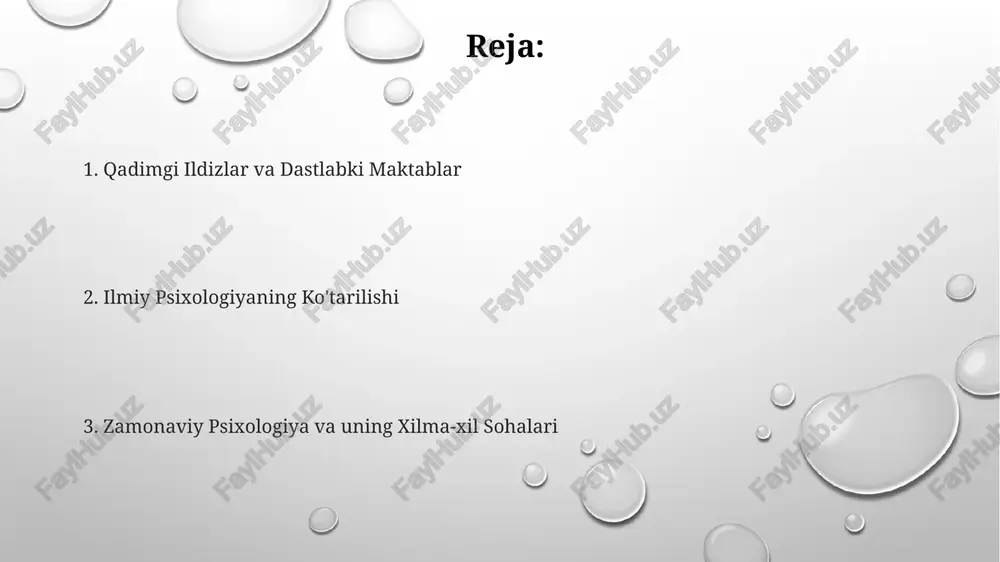 i ko'rdi, bu 1879-yilda vilgelm vundt tomonidan birinchi eksperimental psixologiya laboratoriyasini tashkil etilishi bilan belgilangan. psixologiya bugun "psychology today" 1967-yilda asos solingan va keng ko'lamli psixologik mavzularda maqolalar chop etuvchi mashhur jurnal. psixologiyadagi asosiy yo'nalishlarga klinik, rivojlanish, kognitiv va ijtimoiy psixologiya kiradi, shuningdek, boshqalari ham. psixologiya tarixi qadimgi faylasuflarga borib taqaladi va freyd, skinner va pyaje kabi yirik shaxslarni o'z ichiga oladi. e'tiboringiz uchun rahmat @taqdimot_robot image1.png image2.png image3.png