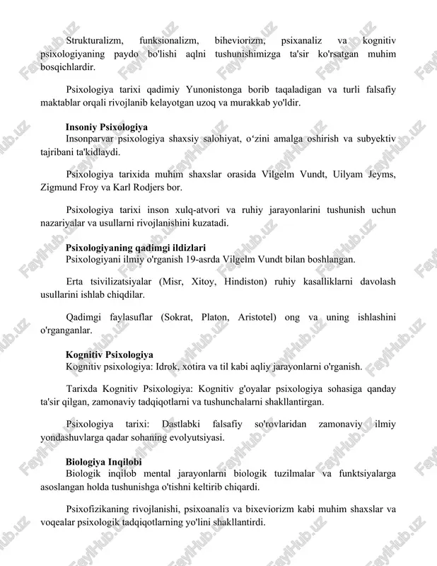 tiv tajribani ta'kidlaydi. psixologiya tarixida muhim shaxslar orasida vilgelm vundt, uilyam jeyms, zigmund froy va karl rodjers bor. psixologiya tarixi inson xulq-atvori va ruhiy jarayonlarini tushunish uchun nazariyalar va usullarni rivojlanishini kuzatadi. psixologiyaning qadimgi ildizlari psixologiyani ilmiy o'rganish 19-asrda vilgelm vundt bilan boshlangan. erta tsivilizatsiyalar (misr, xitoy, hindiston) ruhiy kasalliklarni davolash usullarini ishlab chiqdilar. qadimgi faylasuflar (sokrat, platon, aristotel) ong va uning ishlashini o'rganganlar. kognitiv psixologiya kognitiv psixologiya: idrok, xotira va til kabi aqliy jarayonlarni o'rganish. tarixda kognitiv psixologiya: kognitiv g'oyalar psixologiya sohasiga qanday ta'sir qilgan, zamonaviy tadqiqotlarni va tushunchalarni shakllantirgan. psixologiya tarixi: dastlabki falsafiy so'rovlaridan zamonaviy ilmiy yondashuvlarga qadar sohaning evolyutsiyasi. biologiya inqilobi biologik inqilob mental jarayonlarni biologik tuzilmalar va funktsiyalarga asoslangan holda tushunishga o'tishni keltirib chiqardi. psixofizikaning rivojlanishi, psixoanaliz va bixeviorizm kabi muhim shaxslar va voqealar psixologik tadqiqotlarning yo'lini shakllantirdi. psixologiya tarixi psixologik fikrlashning evolyutsiyasini, turli maktablarni va ularning sohaga qo'shgan hissasini o'z ichiga oladi. psixoanalitic harakat ong'siz …