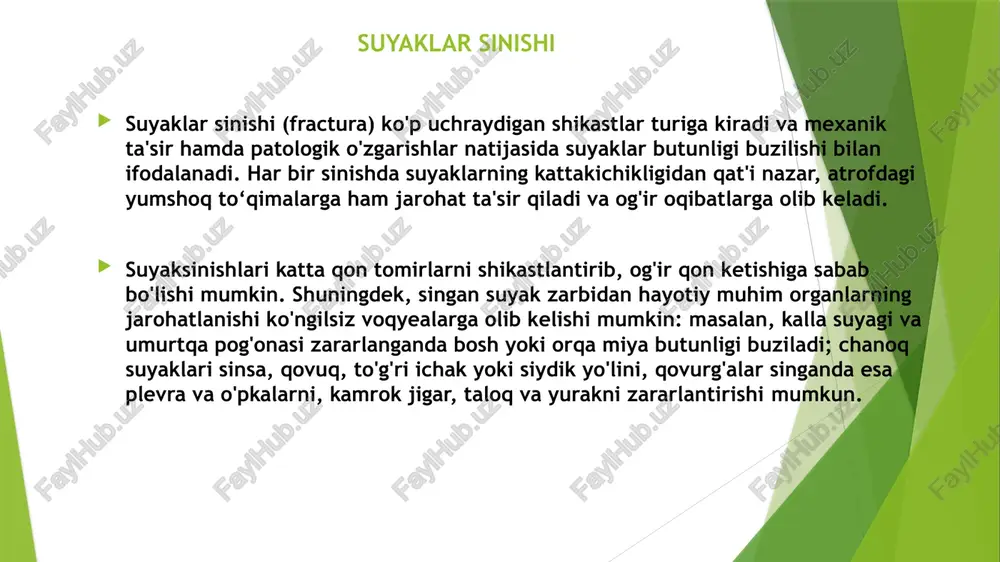 oslashtirilgan yordamning umumiy shartlari singan suyakni davolashning asosiy maqsadi uning anatomik butunligini tiklashdir. davolash usullarining (operativ, konservativ yoki qo’shma) qaysi biri tanlanmasin, albatta davolashda to’rt shartga rioya qilish, ya’ni repozitsiya, immobilizatsiya yoki fiksatsiya, funksional davolash, suyak qadog’i hosil bo’lishini rag’batlantirish zarur. 1. repozitsiya suyakning singan qismlarini bir-biriga moslashdir. suyakning singan qismlari, sinishdan so’ng darhol ya’ni travmatik shish va mushaklarning reflektor kontrakturasi – qisqarishi yuz berguncha bir-biriga moslashtirilishi lozim 2. fiksatsiya yoki immobilizatsiya singan suyak qismlari bir-biriga to’g’ri qo’yilgan qo’l-oyoqni to suyak yaxshi bitguncha qotirib qo’yish kerak. suyak siniqlarini qotirish uchun uchta fiksatsiya usuli bor gips bog’lam, tortib qo’yish va operatsiya usuli. gips bog’lam ikki bo’g’imni qotirishi, son suyagi singanda esa uch bo’g’imni fiksatsiya qilishi kerak. ba’zi bir sinishlarda, masalan, tizza usti suyagi singanda yoki bilak suyagining tipik sinishida faqatgina bitta bo’g’im qotiriladi. avvalo singan qo’l-oyoqqa gips longeta qo’yiladi, bint bog’lami bilan qotiriladi, keyinchalik singan joydagi shish ketib, gematoma so’rilgach, sirkulyar …