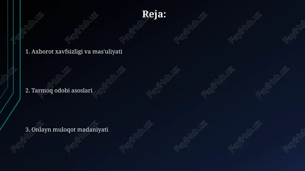 z uchun siz shaxsan javobgarsiz, shuning uchun 24/7 onlayn muloqotingizning axloqiy me'yorlariga rioya qilish muhim. elektron pochta orqali muloqot katta hajmdagi fayllarni (10 mb dan ortiq) elektron pochta orqali yuborishdan oldin, fayllarni arxivlash va siqishni tavsiya etiladi, bu esa yuklash vaqtini qisqartiradi va xabar o'lchamini kamaytiradi. bir vaqtning o'zida bir nechta elektron pochta manziliga xabar yuborayotganda, "bcc" (blind carbon copy) maydonidan foydalaning, bu qabul qiluvchilarning bir-birining elektron pochta manzillarini ko'rmasligini ta'minlaydi. shaxsiy ma'lumotlarni himoya qilish shaxsiy ma'lumotlaringizni himoya qilish uchun kuchli, kamida 8 ta belgidan iborat parol va ikki omilli autentifikatsiya kabi qo'shimcha xavfsizlik choralaridan foydalaning. ijtimoiy tarmoqlarda shaxsiy ma'lumotlaringizni, jumladan, manzilingiz, telefon raqamingiz va tug'ilgan kuningizni haddan tashqari ko'p tarqatmaslikka harakat qiling. bu sizning xavfsizlik darajangizni oshiradi. tarmoqdagi muloqot madaniyati tarmoqdagi muloqotda kamida 3 dan ortiq emotsional belgini ishlatish noo'rin hisoblanadi, chunki bu xabarni noto'g'ri talqin qilinishiga olib kelishi mumkin va suhbatdoshga bosim o'tkazish sifatida qaralishi mumkin. onlayn muloqotda …