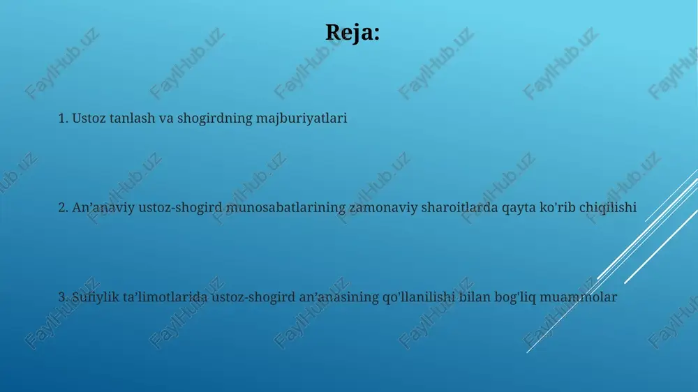 iga jiddiy ta’sir ko'rsatib, an'anaviy shakllarini o'zgartirdi. sir saqlash va axloqiy me’yorlar sir saqlash an’anaviy 3 darajali ta’lim tizimida ustozning shaxsiy sirlarini oshkor qilmaslik, 20 yildan ortiq shogirdlik davrida o’rganilgan bilimlarni faqat loyiq kishilar bilan baham ko’rishni o’z ichiga oladi. axloqiy me’yorlarga rioya qilish, ya’ni 7 ta asosiy fazilatga – halollik, odillik, saxovat, sabr-toqat, shukur, iffat va mehr-oqibatga amal qilish, sufiylik ta’limotida shogirdning muhim vazifasi hisoblanadi. sufiylik ta’limotlarida ustoz-shogird an’analarining buzilishi shogirdlarning 5% dan kamrog‘i uzoq muddatli, tizimli ta’lim olib, islom tasavvufining barcha jihatlarini chuqur o‘rganadi, bu esa an’ananing buzilishiga olib keladi. sufiylikda ustoz-shogird munosabatlarining kommersialashuvi, ya’ni 30% dan ortiq ta’lim muassasalarida moddiy manfaatlar ustun qo‘yilishi, haqiqiy ma’naviy yo‘lni buzadi. an’anaviy ta’limotlarni zamon talablariga moslashtirish 15-25 yoshli yoshlar orasida an'anaviy ta'limning jozibadorligini oshirish uchun, madaniyat va san'at elementlarini integratsiya qilish muhim. an'anaviy ta'lim metodlarini 30% gacha zamonaviy texnologiyalar bilan boyitish, o'quv jarayoniga interaktiv elementlarni kiritish samaradorlikni oshiradi. ta’lim uslublari va …