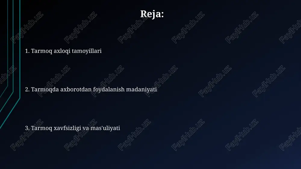 ormalar mavjud bo'lib, ularning har biri o'ziga xos axloqiy qoidalar va me'yorlarga ega, bu esa foydalanuvchilar uchun chalkashliklarni keltirib chiqarishi mumkin. internetda axborot tarqalishi o'rtacha foydalanuvchi kuniga 100 dan ortiq veb-sahifalarni, 50 dan ortiq xabarlarni va 20 dan ortiq videolarni ko'radi, bu esa axborotning ortiqcha yuklanishi va tanqidiy fikrlash qobiliyatining pasayishiga olib kelishi mumkin. internetda ma’lumotlarning 70% dan ortig'i rasmiy manbalardan emas, balki foydalanuvchilar tomonidan yaratilgan kontent – bloglar, ijtimoiy tarmoqlar va forumlar orqali tarqaladi, bu esa noto'g'ri ma’lumotlarning tez tarqalishi xavfini oshiradi. shaxsiy ma'lumotlarning xavfsizligi shaxsiy ma'lumotlarning 80% dan ortig'i kiberhujumlar orqali o'g'irlanadi, shuning uchun kuchli parol va ikki omilli autentifikatsiya kabi himoya mexanizmlaridan foydalanish juda muhim. kiberxavfsizlik bo'yicha ekspertlarning 95% ga yaqini shaxsiy ma'lumotlarning zaifligi korxonalarga o'rtacha 4 million dollardan ziyod zarar yetkazishini taxmin qilmoqda. ijtimoiy tarmoqlar va axloq kiber-tajovuz va zo‘ravonlik, jumladan, ta’qib qilish va kamsitish kabi 20 dan ortiq turdagi onlayn xulq-atvorlari ijtimoiy tarmoqlarda axloqiy me’yorlarni …