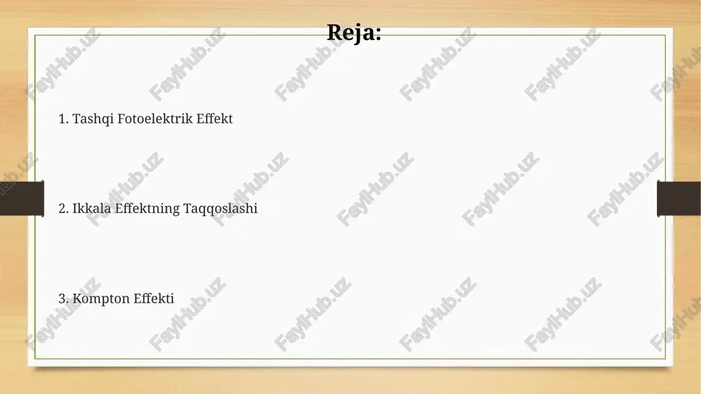 ining oshishiga olib keladi, bu esa energiya va impuls saqlanish qonunlariga bog‘liq. kompton effekti va yorug'likning korpuskulyar xususiyati elektron bilan to’qnashgandan keyin fotonning energiyasi va impulsining o’zgarishi, energiya va impulsning saqlanish qonunlariga bo’ysunadi va bu yorug’likning korpuskulyar tabiatining muhim dalilidir. kompton effekti tajribalari natijasida fotonning energiyasi e=hv formulasi bilan aniqlanishi va uning impulsi p=hv/c ga tengligi tasdiqlangan, bu yorug'likning korpuskulyar xususiyatini namoyon qiladi. kompton effekti, fotonning elektron bilan to’qnashuvi natijasida uning to’lqin uzunligining 0,024 å gacha o’zgarishini ko’rsatadi va bu yorug’likning zarracha xususiyatini tasdiqlaydi. qizil chegarasi qizil chegaradan pastroq chastotali nurlanish fotoeffektni keltirib chiqarmaydi, chunki foton energiyasi (e=hv) metalldagi elektronlarni uzib qo'yish uchun yetarli emas. qizil chegaraning mavjudligi fotoelektronlarning maksimal kinetik energiyasining nurlanish chastotasiga bog'liqligi haqidagi eksperimental kuzatishlardan kelib chiqadi va plank konstantasi (h) ga bog'liqdir. qizil chegaraning to'lqin uzunligi metallarning turli xil xususiyatlariga bog'liq bo'lib, masalan, natriy uchun taxminan 540 nm ni tashkil etadi va bu qiymat boshqa metallar …