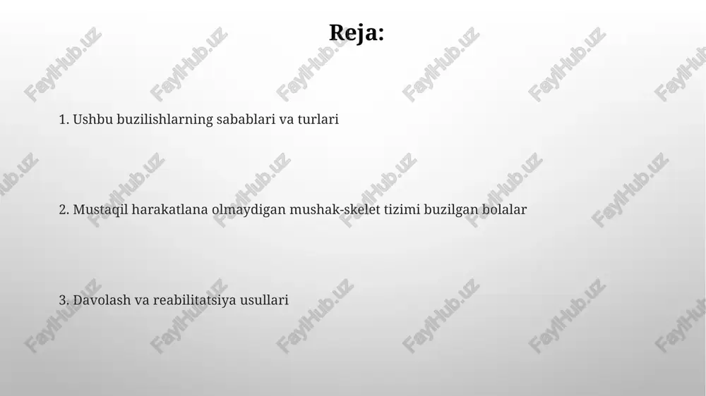 uchsizligi yoki falaji sababli mustaqil harakatlana olmaydigan bolalarda, funktsional yaxshilanish va hayot sifatini yaxshilash uchun mo'ljallangan. mushak-skelet tizimining nuqsonlari bo'lgan bolalarda 5 dan 10 yoshgacha bo'lgan davrda o'tkazilgan jarrohlik amaliyotlari, o'sish plitalarining holatiga bog'liq holda, kelajakdagi harakatlanish qobiliyatiga sezilarli ta'sir ko'rsatishi mumkin. fizioterapiya va reabilitatsiya reabilitatsiya davolashning muhim qismi bo'lib, unda 3-6 oylik davolanish kursi davomida bolaga individual yondashuv qo'llaniladi va o'rtacha 80% hollarda ijobiy natijalarga erishiladi. fizioterapiya va reabilitatsiya usullari, shu jumladan erta aralashuv bilan, bolalarning 90% gacha mustaqil harakatlanishini ta'minlashga yordam beradi, lekin bu davolanishning turiga va intensivligiga bog'liq. sabablari va xavf omillari intrauterin infektsiyalar, ayniqsa, sitomegalovirus va toksoplazmoz kabi infektsiyalar, homila rivojlanishiga jiddiy ta'sir ko'rsatib, tug'ma nuqsonlar, jumladan, harakatlanish qobiliyatini cheklaydigan mushak-skelet tizimi patologiyalarini keltirib chiqarishi mumkin. genetik mutatsiyalar, masalan, 1 dan 10 000 gacha tug'ilgan chaqaloqlarda uchraydigan muskullar distrofiyasi, bolalarda harakatlanish qobiliyatini cheklaydigan mushak-skelet tizimi buzilishlarining asosiy sabablaridan biri hisoblanadi. dori-darmonlar harakatlanish faoliyatini cheklaydigan mushak-skelet sistemasining …