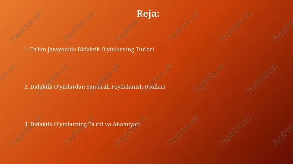 ini ta'kidlash mumkin. didaktik o'yinlarni interaktivlik darajasiga qarab: individual, juftlik, guruh (3-5 kishigacha) va jamoaviy (6 va undan ortiq ishtirokchi) turlarga ajratish mumkin, bu esa o'quv jarayonining samaradorligiga ta'sir qiladi. didaktik o'yinlar ta'rifi va ahamiyati didaktik oʻyinlar oʻquv jarayonida bilim va koʻnikmalarni oʻrgatishda, 2-3 yoshdan 18 yoshgacha boʻlgan bolalar uchun 30 dan ortiq turdagi oʻyinlarni oʻz ichiga olgan interaktiv va amaliy usul hisoblanadi. ushbu oʻyinlar motivatsiyani oshirish, xotira va tafakkur rivojiga ijobiy taʼsir koʻrsatadi, shuningdek, 70% ga yaqin oʻquv maqsadlariga erishishga yordam beradi, oʻquv jarayonini yanada qiziqarli va samarali qiladi. ta'lim jarayonida didaktik o'yinlarning roli ta'lim jarayonida didaktik o'yinlar o'quvchilarning 70% gacha faol ishtirokini ta'minlaydi, bu esa bilim olish samaradorligini sezilarli darajada oshiradi va mustaqil fikrlashni rivojlantiradi. didaktik o'yinlar, masalan, "rolli o'yinlar" yoki "intellektual musobaqalar" kabi 2-3 xil shaklda qo'llanilib, o'quv materialini yaxshiroq o'zlashtirishga yordam beradi va xotirani mustahkamlaydi. didaktik o'yinlarni tanlash mezonlari didaktik o'yinlarni tanlashda o'quvchilarining yosh xususiyatlari, bilim …