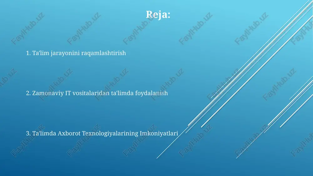 ig'i o'zlarining o'rganish tezligiga moslashgan holda, ta'lim natijalarini 20% ga oshirishga erishadi. onlayn ta'lim platformalari ko'pgina onlayn platformalar lms (learning management system) tizimiga asoslangan bo'lib, o'qituvchilarga kurslarni boshqarish, vazifalarni berish va o'quvchilarning progressini kuzatish imkoniyatini beradi. onlayn ta'lim platformalarining 70% dan ortig'i interfaol o'quv materiallari va virtual sinf xonalari kabi xususiyatlarga ega bo'lib, o'quv jarayonini yanada samarali qiladi. o'zbekistondagi ta'lim platformalarining 2023 yilgi statistikasiga ko'ra, 5 milliondan ortiq foydalanuvchi ro'yxatdan o'tgan, bu online ta'limning ommalashuvini ko'rsatadi. ta'limda axborot texnologiyalarining roli onlayn ta'lim platformalari orqali 5000 dan ortiq o'quv resurslariga kirish mumkin bo'lib, bu esa ta'limning diversifikatsiyasi va individual yondashuvni ta'minlaydi, shu jumladan, stem fanlarini o'rganishda juda samarali. axborot texnologiyalari, virtual va qo'shimcha reallik texnologiyalari kabi vositalar orqali, murakkab tushunchalarni 2-3 barobar tezroq va samaraliroq tushunishga yordam beradi, bu esa talabalarning faol ishtirokini oshiradi. ta'limda axborot texnologiyalari, o'quv jarayonini 30% ga tezlashtirib, o'quvchilarning bilim olish samaradorligini 15-20% ga oshirishi mumkin, shu …