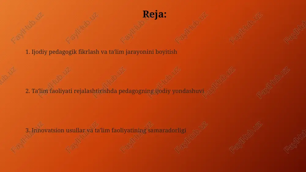 i va ahamiyati ijodkor o'qituvchi 20% ga ko'proq o'quvchilarning faol ishtirokini ta'minlab, o'quv yutuqlarini 15% ga oshirishi mumkin, bu esa samarali ta'limning muhim ko'rsatkichidir. o'qituvchining ijodiy yondashuvi yangi pedagogik texnologiyalarni (masalan, gamifikatsiya, loyiha uslubi) qo'llash orqali o'quv jarayonini 30% qiziqarli va samarali qiladi. ta'lim resurslaridan samarali foydalanish ta'lim resurslaridan, jumladan, 5 dan ortiq onlayn platforma va 3 xil o'quv dasturlaridan samarali foydalanish o'quv jarayonini diversifikatsiya qiladi va o'quvchilarning faol ishtirokini ta'minlaydi. interaktiv o'yinlar, simulyatsiyalar va amaliy mashg'ulotlar kabi 7 xil turdagi ta'lim resurslarini birlashtirish orqali o'quv jarayonini yanada qiziqarli va samarali qilish mumkin. o'quv jarayonini diversifikatsiya qilish o'quv materiallarini 4 xil turdagi (matn, rasm, audio, video) manbalardan foydalanib boyitish orqali o'quvchilarning tushunish darajasini 30% oshirishga yordam beradi. interfaol o'yinlar va amaliy mashg'ulotlarni qo'llash orqali o'quv jarayonini 50% ga dinamik va qiziqarli qilish mumkin, bu esa o'quvchilarning faol ishtirokini ta'minlaydi. o'quvchilarning qiziqishini oshirish o'quv jarayonida o'quvchilarning 70% dan ortig'ini qamrab oluvchi …
