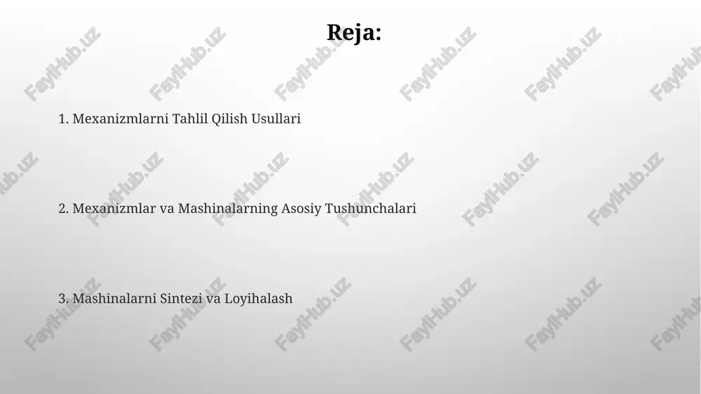 gik tuzilishi, masalan, ochiq yoki yopiq bo'lishi, 2 yoki undan ortiq aylanma yoki siljish juftliklari bilan belgilanadi va mexanizmlar xususiyatlarini aniqlaydi. kinematik zanjirlar, 1-darajali va yuqori darajali juftliklarni o'z ichiga oladi, ularning harakati 3 o'lchovli koordinata sistemasida aniqlanadi va bu 6 ta erkinlik darajasini cheklaydi. mexanizmlar va mashinalarning asosiy tushunchalari kinematik juftliklar – mexanizmning harakatlanuvchi elementlari orasidagi bog'lanishlar bo'lib, 1- sinf, 2-sinf va 5-sinf kabi turli xillarga bo'linadi. mexanizmlar odatda 3 ta asosiy elementdan – qo'zg'atuvchi, uzatuvchi va ishchi organlardan iborat bo'lib, ularning o'zaro ta'siri orqali harakat va kuch uzatiladi. zamonaviy mexanizmlar va ularning qo'llanilishi mikroelektromexanik tizimlar (mems) texnologiyasi 100 mikrometrdan kichik o'lchamdagi mexanizmlarni yaratish imkonini beradi, bu esa tibbiyot, avtomobilsozlik va boshqa sohalarda yuqori aniqlikdagi sensorlar va aktuatorlarni ishlab chiqarishga yordam beradi. zamonaviy sanoat robotlari soniyada 100 dan ortiq ish siklini bajarishga qodir bo'lib, ish unumdorligini sezilarli darajada oshiradi va odamlar uchun xavfli bo'lgan jarayonlarda qo'llaniladi. harakatlarning tasnifi va …