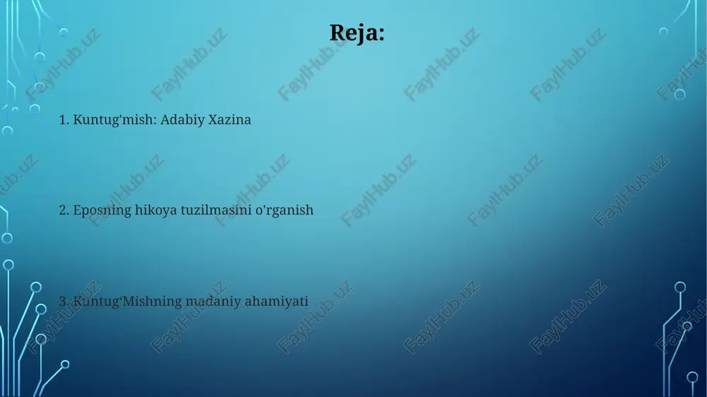 lq dostonidir: ehtimol qirgʻiz xalqidan kelib chiqqan bu doston jasorat, sadoqat va zulmga qarshi kurash haqida hikoya qiladi. qadimgi o'rta osiyo, ehtimol milodiy 10-12-asrlar. xarakterlar va munosabatlar kuntugʻmishning xotini, xalqi va gʻayritabiiy mavjudotlar bilan munosabatlari epik hikoyada muhim rol oʻynaydi. "kuntugʻmish" xalq dostonı ogʻzaki an'ana boʻlib, avloddan avlodga oʻtib, tinch okeanining shimoli-gʻarbiy qismidagi mahalliy aholining e'tiqod va qadriyatlarini aks ettiradi. ogʻzaki an'ana va "kuntugʻmish" "kuntugʻmish" uzun hikoya she'ri boʻlib, avloddan avlodga oʻtib kelgan. og'zaki an'ana "kuntug'mish"ni saqlash va uzatishda muhim omil hisoblanadi. xalq dostonini aniqlash xalq dostonlari qahramonning ishlarini hikoya qiluvchi uzun hikoya she'rlari bo'lib, odatda og'zaki ravishda avloddan avlodga o'tib keladi. "kuntugʻmish" aleut xalqining avlodlari tomonidan ogʻzaki ravishda avlodlarga oʻtkazilgan. e'tiboringiz uchun rahmat @taqdimot_robot image3.jpg image4.jpg image5.jpg image6.jpg image7.jpg image8.jpg image9.jpg image10.jpg image11.jpg image12.jpg image13.jpg image14.jpg image2.png