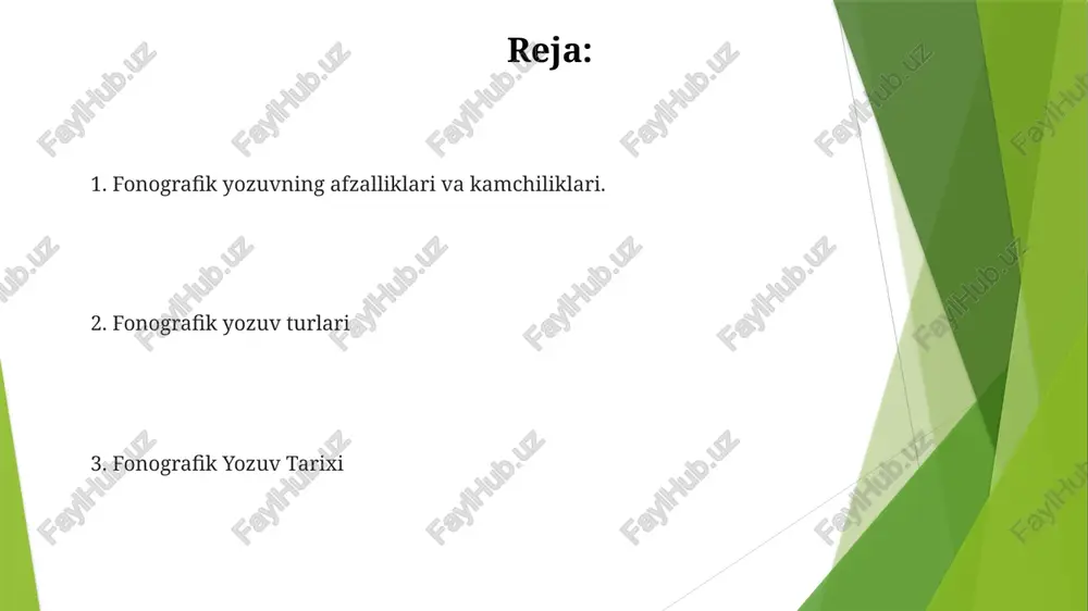 netika va tonal tillarda qiyinchiliklarga duch kelishi mumkin. fonografik yozuv va madaniyat madaniyatga ta'siri chuqur, aloqa, ta'lim va tillarni saqlashga ko'maklashadi. fonografik yozuv tovushlarni ifodalaydi va bu turli tillarda savodxonlikni ta'minlaydi. fonografik yozuvga kirish har bir belgi ma'lum bir tovush yoki fonemaga mos keladi. misol sifatida xalqaro fonetik alfavit va braylni keltirish mumkin. fonografik yozuv prinsiplari u tovushlarni, so'zlarni yoki ma'nolarni emas, balki belgilarni ishlatadi. bu tamoyil alfabet kabi ko'plab yozuv tizimlarining asosini tashkil qiladi. fonografik yozuv va texnologiya yozuv qurilmalari, raqamli audio va transkripsiya dasturlari kabi texnologiyalar fonografik ma'lumotlarni qayd etish va qayta ishlash uchun ishlatiladi. fonografik yozuv ma'nolarni emas, tovushlarni ifodalaydi. e'tiboringiz uchun rahmat @taqdimot_robot image1.jpg image2.jpg image3.jpg image4.jpg image5.jpg image6.jpg image7.jpg image8.jpg image9.jpg image10.jpg image11.jpg image12.jpg image13.jpg