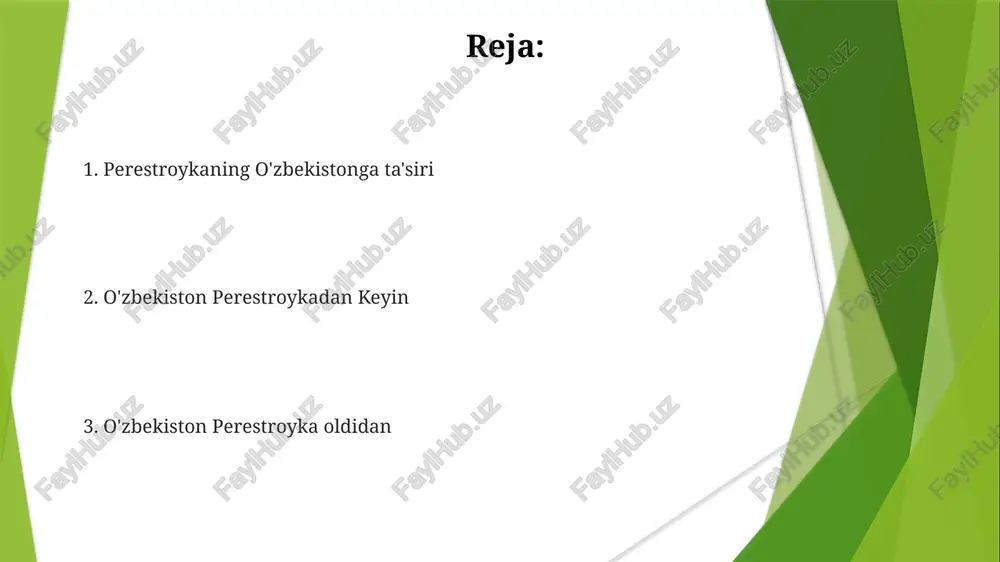 iy g'oya va identifikatsiya siyosati paydo bo'lib, sssrdan mustaqillik harakatini kuchaytirdi. o'zbekiston sovet hokimiyati ostida sezilarli iqtisodiy va ijtimoiy taraqqiyotga erishdi. perestroyka oʻzbekistonning paxta sanoati va ijtimoiy tuzilmasiga taʼsir etib, siyosiy va iqtisodiy islohotlar olib keldi. o'zbekiston mustaqilligi: tarixida yangi bob perestroyka davrida o'zbekistonda siyosiy va iqtisodiy beqarorlik kuchaygan edi. sssrda perestroyka va glasnost islohotlari o'zbekistonda millatchilikning kuchayishiga olib keldi. o'zbekiston 1991 yilda sovet ittifoqidan mustaqilligini e'lon qildi. glasnost va perestroyka ko'tarilishi: o'zgarish uchquni perestroyka islohatlari oʻzbekistonda iqtisodiy qiyinchiliklar va ijtimoiy beqarorlikka olib keldi. glasnost va perestroyka o'zbekistonga siyosiy va iqtisodiy islohotlarni olib keldi. o'zbekistonda millatchilik va mustaqillik talablari kuchaygan. o'zbek ssr: millatlar va manfaatlarning murakkab to'qimasi. bu o'zgarishlar respublika ichidagi etnik munosabatlarga va hokimiyat dinamikasiga ta'sir ko'rsatdi. o'zbek ssr turli xil etnik guruhlarga ega bo'lgan xilma-xil mintaqa edi. perestroyka o'zbekistonga siyosiy va iqtisodiy o'zgarishlarni olib keldi. iqtisodiy islohotlar: qiyinchiliklar va imkoniyatlar iqtisodiy islohotlar: qiyinchiliklar: bozor iqtisodiyotga o'tish, siyosiy beqarorlik, …