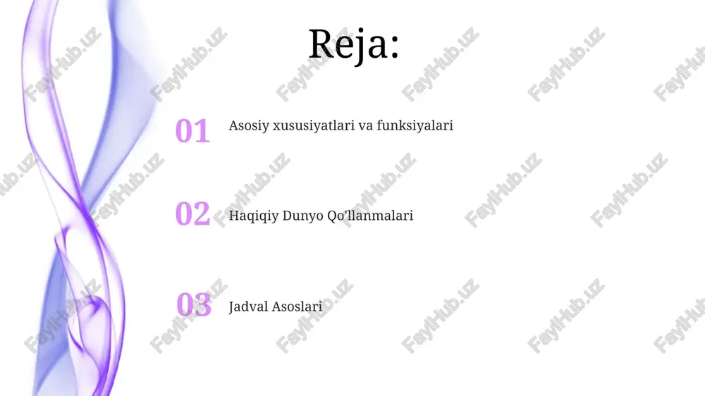 jadval va grafiklar yaratish imkonini beradi. ma'lumotlarni tahlil qilish uchun matematik amallar va formulalarni qo'llab-quvvatlaydi. jadvallar va grafiklar murakkab hisob-kitoblar uchun formulalar va funksiyalardan foydalaning. ma'lumotlarni jadval ko'rinishida tashkil etish, hisoblash va tahlil qilish. ma'lumotlarni tasvirlash uchun jadval va grafiklar yarating. jadval protsessor turlari jadval dasturi: asosan oddiy vazifalar va hisob-kitoblar uchun mo'ljallangan. ma'lumotlar bazasi jadvallari: katta ma'lumotlar to'plamlarini va murakkab hisob-kitoblarni boshqaradi. internetga ulangan har qanday qurilmadan foydalanish mumkin bo'lgan veb-asosli jadvallar. jadval protsessorlarining qo'llanilishi ma'lumotlarni tashkil qilish va tahlil qilish moliyaviy modellashtirish va byudjetlash biznes hisobotlari va qaror qabul qilish kirish add text add text add text add text add text add text ma'lumotlarni boshqarish dasturlari ma'lumotlarni jadval shaklida tashkil qiling. ma'lumotlarni hisoblab chiqaring va tahlil qiling. ma'lumotlarni kiritish 01 02 03 ma'lumotlarni jadval shaklida tashkil qilish. ma'lumotlarni tahlil qilib, tushunchalarni oling. ma'lumotlarga hisob-kitoblarni amalga oshirish. sales 1st qtr 2nd qtr 100 0 sales 1st qtr 2nd qtr …