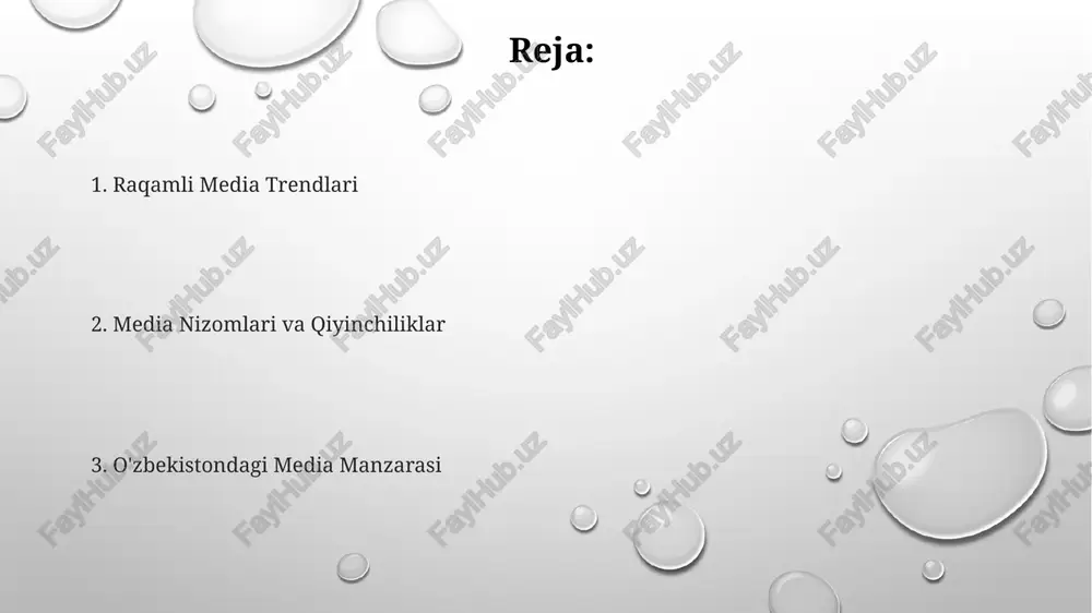 nishi va professionalizmiga to'sqinlik qiladi. tez raqamlashuv: internetga kirish va mobil telefonlar foydalanishining o'sishi raqamli media o'sishi uchun imkoniyatlar yaratadi. o'zbekistondagi televizion eshitimlar o'zbekistonda televideniye eshittirish asosan davlatga tegishli kanallar tomonidan boshqariladi, so'nggi yillarda bir necha xususiy telekanallar paydo bo'ldi. o'zbekistondagi media faoliyati hukumat tomonidan kontent ustidan nazorat va jurnalistlar uchun cheklangan erkinlik bilan cheklangan. o'zbekiston hukumati media maydonini modernizatsiya qilishga harakat qilmoqda, lekin matbuot erkinligi va mustaqil xabar berish bo'yicha qiyinchiliklar saqlanib qolmoqda. oʻzbekistonda radioeshittirish o'zbekistondagi radioeshittirish xilma-xil bo'lib, davlatga tegishli va xususiy stantsiyalar mavjud. o'zbek ommaviy axborot vositalari so'z erkinligi bo'yicha cheklovlarga duch keladi, lekin ba'zi mustaqil nashrlar faoliyat yuritadi. hukumat ommaviy axborot vositalari mazmuni va tarqatilishiga kuchli ta'sir ko'rsatadi. o'zbekistonda matbuot erkinligi media faoliyati qattiq tartibga solingan, mustaqil ommaviy axborot vositalari esa jiddiy qiyinchiliklarga duch kelmoqda. hukumat ommaviy axborot vositalari maydonini sezilarli darajada nazorat qiladi va fikr bildirish erkinligini cheklaydi. o'zbekistonda matbuot erkinligi cheklangan, hukumat qattiq nazorat …