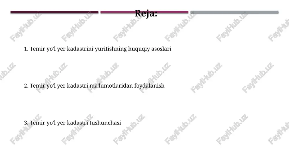 motlarni (gis) qo'llash orqali 100 000 dan ortiq obyektlarni aniq koordinatalar bilan ro'yxatga olish samaradorligini oshirish mumkin. ma'lumotlarning to'liqligi va aniqligini ta'minlash uchun har yili kamida 2 marta ma'lumotlarni yangilash va tekshirish jarayonlarini amalga oshirish kerak. muammolar va kamchiliklar kadastrda yer uchastkalari chegaralari aniqlanmagan holatlarning soni 1500 dan oshib ketgan, bu esa yer egalik huquqlarini aniqlash va himoya qilishda qiyinchiliklar tug'diradi. davlat temir yo'l kadastri ma'lumotlarining 30% dan ortig'i eskirgan yoki noto'g'ri, bu esa rejalashtirish va investitsiyalarni samarali boshqarishga salbiy ta'sir ko'rsatadi. geodeziya va kartografiya ishlari “geodeziya va kartografiya ishlari” temir yo'l yer uchastkalarining aniq chegaralarini aniqlashda 1:5000 masshtabdagi topografik xaritalar va gps texnologiyalaridan foydalanishni o'z ichiga oladi. temir yo'l infratuzilmasining 250 km dan ortiq uzunlikdagi qismining geodezik va kartografik suratga olish ishlari yuqori aniqlikdagi dronlardan foydalanib amalga oshirildi. kadastrni yaratish jarayoni kadastr ma'lumotlarini tekshirish va tasdiqlash jarayoni kamida 2 bosqichdan iborat bo'lib, ekspertiza va davlat ro'yxatidan o'tkazish protseduralarini o'z …