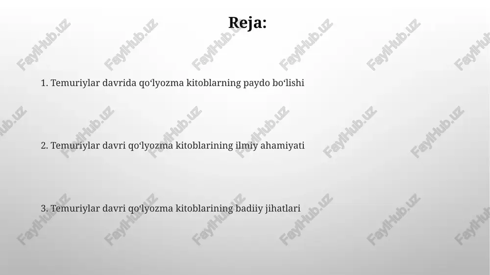 davri qo'lyozmalarining grafik dizayni va kalligrafiyasi yuqori badiiy mahorat va texnik takomillashuvni namoyish etadi, masalan, nastaliq yozuv uslubi keng qo'llanilgan. qo'lyozma kitoblarning mavzulari va janrlari timurid davri qoʻlyozmalarida taxminan 30% diniy matnlar, jumladan, qurʼon va hadislarning turli sharhlari, 20% esa tarixiy risolalar va salomadnomalarni tashkil etgan. falsafa, tibbiyot, adabiyot va astronomiya kabi fanlarga oid qoʻlyozmalar ham mavjud boʻlib, ularning umumiy soni 1000 dan ortiq nusxani tashkil qilgan. mashhur xattotlar va rassomlar mashhur xattotlar va rassomlarning ijodidagi 200 dan ortiq asarning taxminan 30 foizi hozirda dunyoning etakchi muzeylarida saqlanmoqda. mashhur temur davri xattotlaridan biri, bayzo 15 dan ortiq muhim qo'lyozmalar yaratgan bo'lib, ularning ba'zilarida hatto miniatyuralar ham mavjud. e'tiboringiz uchun rahmat @taqdimot_robot image3.png image4.jpg image5.jpg image6.jpg image7.jpg image8.jpg image9.jpg image10.jpg image1.png