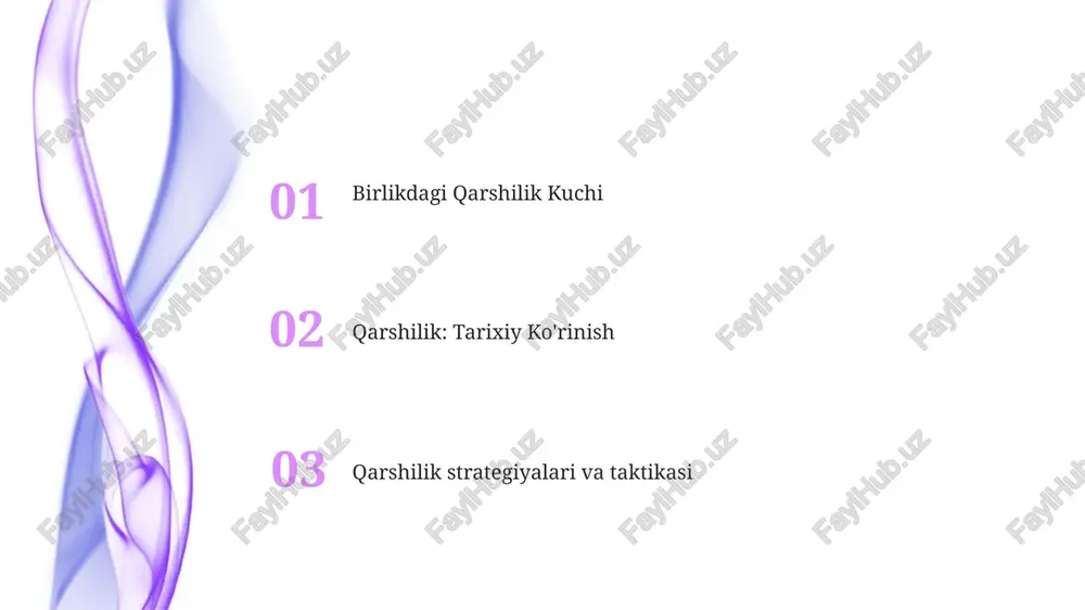 day qo'llanilishini o'rganish. raqamli qarshilik shakllari: onlayn faoliyat, ijtimoiy media kampaniyalari va raqamli hikoya qilish kabi raqamli qarshilikda qo'llaniladigan turli xil taktikalarni tahlil qilish. qarshilik: tarixiy umumiy nuqtai nazar qarshilik birligi: turli xil guruhlar va shaxslarning zulmga qarshi birlashishini, hamkorlikdagi harakatlar va umumiy maqsadlarni ta'kidlab o'rganish. qarshilik: tarix davomida qarshilik harakatlarining tarixiy sharhi, shu jumladan shakllari, taktikasi va motivlari. qarshilik: qarshilikning ta'siri va oqibatlarini, muvaffaqiyatlar va qayg'ularni hisobga olgan holda o'rganish va qarshilikning tarixiy voqealarni shakllantirishdagi rolini tahlil qilish. birlikning kuchi zolimlikka qarshi jamoaviy harakatning kuchi. adolatsizlikka qarshi turish uchun turli xil ovozlarni qabul qilish. birlik va umumiy maqsad bilan mustahkamlangan qarshilik. zo'ravonliksiz qarshilikning ahamiyati qarshilikdagi birlik muvaffaqiyat uchun juda muhim. qarshilik ko'p shakllarda bo'lishi mumkin, boykotlardan tinchlikli noroziliklarga qadar. zo'ravonliksiz qarshilik ijtimoiy o'zgarishlarga erishishning kuchli vositasidir. e'tiboringiz uchun rahmat @taqdimot_robot image1.jpeg image2.jpeg image3.jpeg