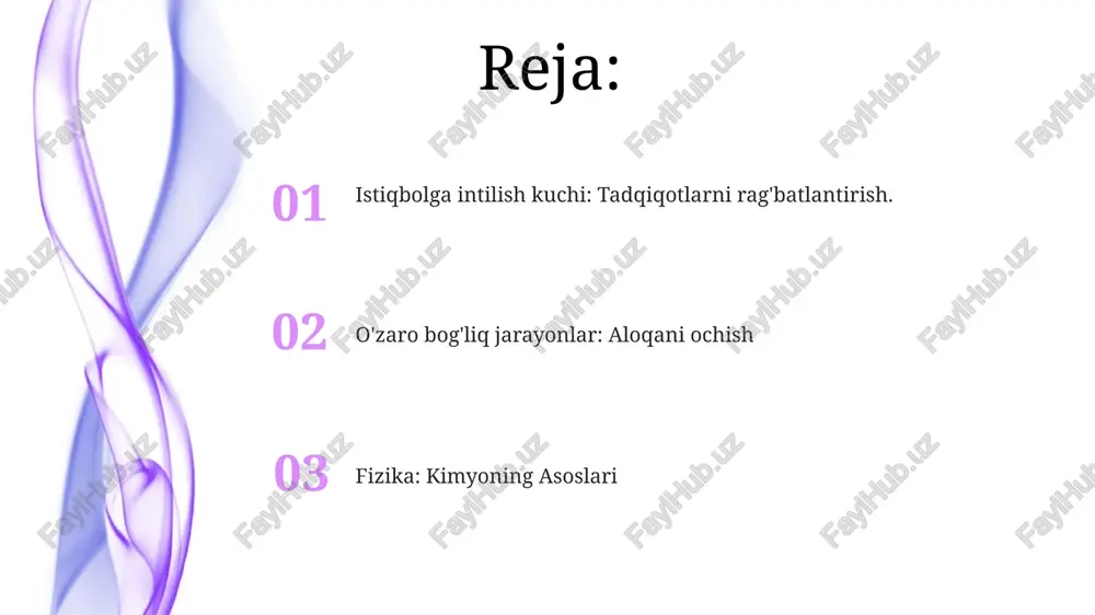 r-biriga bog'liq va bir-birini ta'sir qiladi. fizika ixlosmandlari kimyoning asosiy printsiplari haqida qimmatli ma'lumotlarga ega bo'lishlari mumkin. fizik va kimyogarlarning hamkorligi ikkala sohada ham taraqqiyotga olib keladi. fizikaviy kimyoning kelajagi fizikaviy va kimyoviy jarayonlarning o'zaro bog'liqligi: fizika qonunlari kimyoviy reaksiyalar va o'zgarishlarni boshqaradi, bu ikki fanning ajralmas tabiatini ta'kidlaydi. fizikaviy kimyo kelajagi: hisoblash modellashtirish va tajriba usullari taraqqiyoti atom va molekulyar darajadagi kimyoviy jarayonlarni chuqurroq tushunishga olib keladi. fizika muxlislari kimyo o'rganishda muhim rol o'ynaydi. keyingi avlod olimlarini ilhomlantirish: ta'limning ahamiyati fizika muxlislari kimyo tushunishda muhim rol o'ynaydi. fizikaviy va kimyoviy jarayonlar chuqur o'zaro bog'liq. keyingi avlod olimlarni ilhomlantirish sifatli ta'limni talab etadi. fanlararo qoʻllanmalar: tibbiyotdan nanotexnologiyagacha fizika va kimyo jarayonlarining o'zaro bog'liqligi: fizika va kimyo ajralmasdir, har bir darajada bir-birini ta'sirlantiradir. fizika muxlislarining kimyo o'rganishdagi roli: fizika kimyoviy jarayonlarni tushunish uchun vositalar va nuqtai nazarlarni taqdim etadi. faollararo sohalarda qo'llanilishi: fizika bilimi tibbiyot va nanotexnologiya kabi sohalarda juda muhim. …