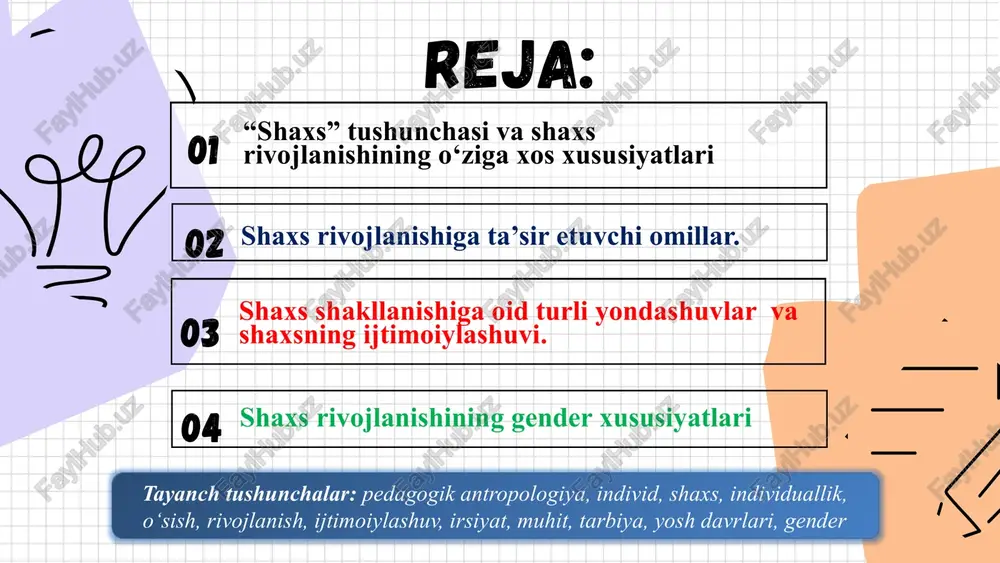 oliyati davomida boshqalar bilan doimiy muloqot va ijtimoiy guruhlarning ta’siri ostida ijtimoiylashadi. ijtimoiy yondashuv - inson biologik mavjudot sifatida tug‘iladi, faqat hayotiy faoliyati davomida boshqalar bilan doimiy muloqot va ijtimoiy guruhlarning ta’siri ostida ijtimoiylashadi. shaxsning yosh xususiyatlari muayyan bir yosh davriga xos bo‘lgan anatomik, fiziologik (jismoniy) va psixologik xususiyatlar shaxsning individual xususiyatlari shaxsning yo‘nalganligi, qiziqishlari, xarakteri, uni boshqalardan ajratib turadigan aqliy kamoloti va faoliyatining o‘ziga xos, barqaror, muhim xususiyatlari faoliyat ijtimoiy hayotni maqsadga muvofiq tashkil etish yo‘lida shaxs tomonidan amalga oshirilayotgan kundalik va kasbiy xatti-harakatlarning muayyan shakli rivojlanish mohiyatan oddiydan murakkabga, quyidan yuqoriga, eski sifatlardan yangi holatlarga o‘tish, yangilanish, yangining paydo bo‘lishi, eskining yo‘qolib borishi, miqdor o‘zgarishining sifat o‘zgarishiga o‘tishini ifodalaydi shaxsning rivojlanishi individning fiziologik, ruhiy va intellectual o‘sishini ta’minlovchi faoliyat, xatti-harakatlarning miqdor va sifat jihatdan o‘zgarishini ifodalovchi jarayon shaxsning rivojlanganlik darajasini belgilovchi holatlar: uning fiziologik, ruhiy va intellektual o‘sishini ta’minlovchi faoliyat va xatti-harakatlarining miqdor va sifat jihatdan o‘zgarishi shaxs …