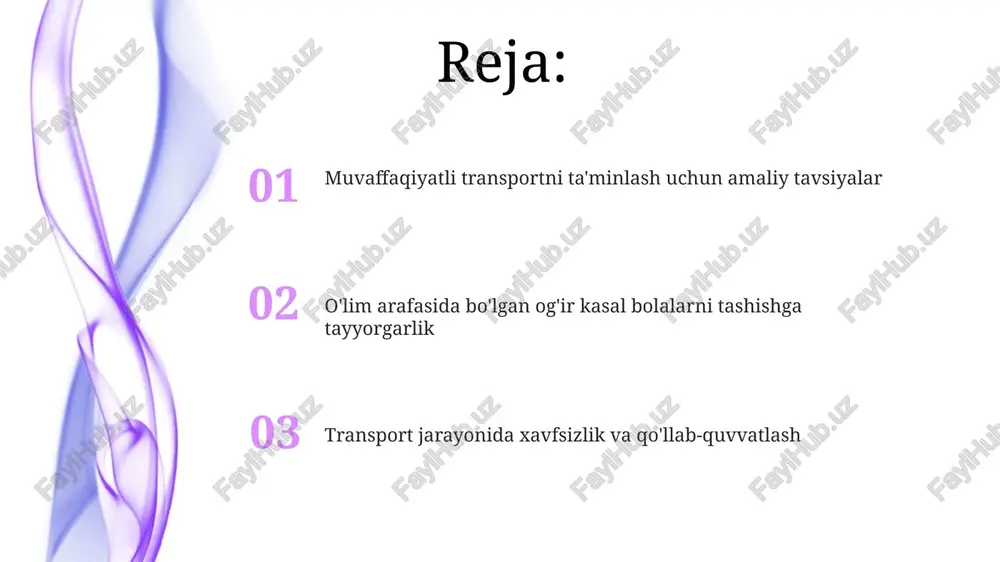 y xodimlar intensiv terapiya uskunalarini (defibrilyator, ventilator) va 2-3 nafar shifokor yoki hamshiralarning jamoaviy ishlashini ta'minlashlari kerak, bemorning barqaror holatini kuzatib borish uchun. tibbiy xodimlar, favqulodda vaziyatlarda (masalan, nafas olish yoki yurak yetishmovchiligi) tezyordam choralarini, shu jumladan, dori-darmon yuborishni va sun'iy nafas olishni 1-2 minut ichida amalga oshirishga tayyor bo'lishlari kerak. xavfsizlik choralarini ko'rish bemorning holatini 5-10 daqiqada bir marta monitoring qilish, nafas olish tezligi, yurak urishi va qon bosimi kabi muhim ko'rsatkichlarni kuzatish zarur. transport davomida bemorga optimal harorat (36-37°c) ta'minlash va harakatlarni minimal darajada ushlab turish uchun maxsus uskunalar (masalan, isitish yostig'i, stabilizator)dan foydalanish tavsiya etiladi. transport vositalarini tanlash va jihozlash zarur tibbiy asbob-uskunalar, jumladan, ventilyatsiya apparatlari, monitorlar va defibrillyatorlar kabi 5-7 ta asosiy tibbiy jihozlar transport vositasida mavjud bo'lishi va ishonchli ishlashini ta'minlash kerak. transport vositasining tezkorligi va manevrligi, bemorni tez va xavfsiz tashish uchun muhim ahamiyatga ega bo'lib, yo'lning holatidan kelib chiqib, 4x4 yoki hatto vertolyot …