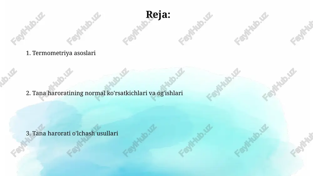 in. bemorning tana haroratini o'lchashdan oldin yetarlicha vaqt davomida dam olmasligi, jismoniy faoliyat yoki ovqat iste'moli natijasida haroratning 0,5-1°c ga ko'tarilishiga olib kelishi mumkin, bu esa aniq o'lchovlarga xalaqit beradi. tana harorati normalari tana haroratining normal ko'rsatkichi 36,5°c dan 37,5°c gacha oralig'ida bo'lib, individual farqlarga va o'lchash usullariga bog'liq holda biroz o'zgarib turishi mumkin. bolalarda tana harorati kattalarga nisbatan biroz yuqoriroq bo'lishi mumkin, masalan, 37,8°c gacha normal hisoblanadi, lekin bu yoshga va holatga bog'liq. haroratni o'lchash va talqin qilish bo'yicha tavsiyalar tana haroratini o'lchashdan oldin kamida 15-20 daqiqa dam oling va jismoniy faoliyatdan, ovqatdan yoki ichimlikdan keyin o'lchashni kechiktiring, chunki bu natijalarga ta'sir qilishi mumkin. haroratni termometr ko'rsatkichini to'g'ri o'qib, 0,1°c aniqlik bilan yozib oling va bemorning ahvoli, yoshi va boshqa klinik belgilar bilan birgalikda tahlil qiling. klinik termometrlar simobsiz klinik termometrlarning xavfsizlik darajasi yuqoriroq, chunki ular shishadan emas, polimer materiallardan yasalgan va 35°c dan 42°c gacha bo'lgan diapazonda ishlashga …