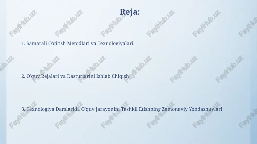 ormalardan foydalanish o'quvchilarning bilimlarini baholashni avtomatlashtiradi va natijalarni tezda tahlil qilish imkonini beradi. texnologiya darslarida o'qitishning maqsad va vazifalari darslarning samaradorligini oshirish uchun o'quv rejasida kamida 5 ta turli xil texnologiya vositalaridan foydalanish, individual va guruhdagi ishlarni birlashtirish, loyiha usulida ta'lim berish kabi vazifalar qo'yiladi. texnologiya darslarida o'quvchilarning amaliy ko'nikmalarini 30% nazariy bilim va 70% amaliy mashg'ulotlar orqali shakllantirish, dasturlash, montaj qilish va diagnostika kabi kompetensiyalarni rivojlantirish asosiy maqsad hisoblanadi. o'quvchilarning mustaqil ishlari o'quv jarayonida kamida 3 xil turdagi mustaqil ishlardan (loyiha, taqdimot, testlar) foydalanish o'quvchilarning turli intellektual qobiliyatlarini rivojlantirishga yordam beradi. o'quvchilarning mustaqil ishlarini 20% nazariy bilimlarni mustahkamlashga, 80% esa amaliy ko'nikmalarni shakllantirishga qaratish samarali natijalar beradi. o'qitish jarayonini takomillashtirish o'quv materiallarini diversifikatsiya qilish, ya'ni video darsliklar, interaktiv testlar, simulyatorlar va real hayotdagi misollarni qo'llash bilan bilimlarni o'zlashtirish darajasi 25% ga oshadi. interfaol o'quv uslublari, masalan, loyihalar ustida guruhda ishlash (2-4 kishilik guruhlar) va muammoli vaziyatlarni yechish, talabalarning faol …