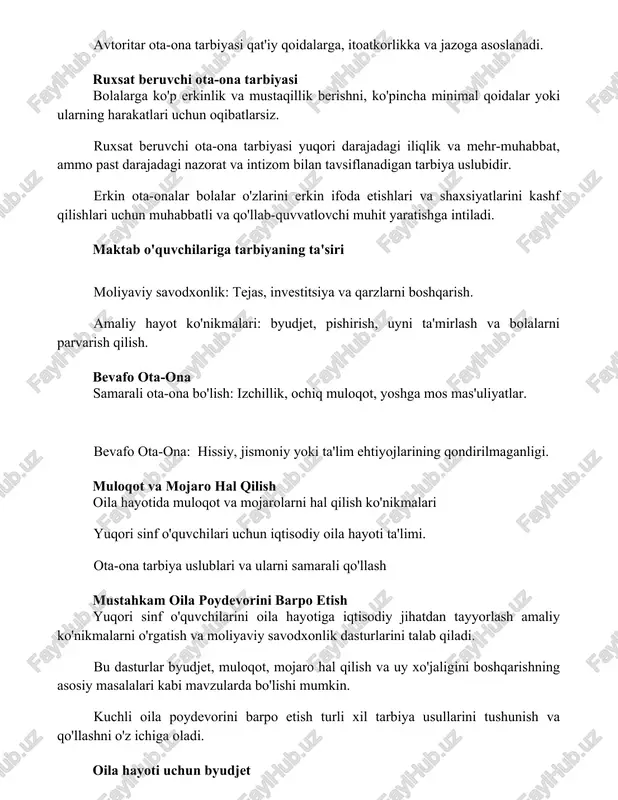 ko'nikmalari: byudjet, pishirish, uyni ta'mirlash va bolalarni parvarish qilish. bevafo ota-ona samarali ota-ona bo'lish: izchillik, ochiq muloqot, yoshga mos mas'uliyatlar. bevafo ota-ona: hissiy, jismoniy yoki ta'lim ehtiyojlarining qondirilmaganligi. muloqot va mojaro hal qilish oila hayotida muloqot va mojarolarni hal qilish ko'nikmalari yuqori sinf o'quvchilari uchun iqtisodiy oila hayoti ta'limi. ota-ona tarbiya uslublari va ularni samarali qo'llash mustahkam oila poydevorini barpo etish yuqori sinf o'quvchilarini oila hayotiga iqtisodiy jihatdan tayyorlash amaliy ko'nikmalarni o'rgatish va moliyaviy savodxonlik dasturlarini talab qiladi. bu dasturlar byudjet, muloqot, mojaro hal qilish va uy xo'jaligini boshqarishning asosiy masalalari kabi mavzularda bo'lishi mumkin. kuchli oila poydevorini barpo etish turli xil tarbiya usullarini tushunish va qo'llashni o'z ichiga oladi. oila hayoti uchun byudjet yuqori sinf o'quvchilarini tayyorlash: o'smirlarni kattalik hayotga tayyorlash uchun moliyaviy savodxonlik ta'limi. bolalarni tarbiyalash turlari: ota-ona tarbiyasi uslublari va ularning bolaning rivojlanishiga ta'siri. oila hayoti uchun byudjet: uy xo'jaligining moliyasini samarali boshqarish. xulosa samarali va iqtisodiy …