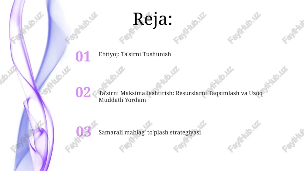 tirish: ta'sir uchun hamkorlik munosabatlarni rivojlantirish: ta'sirni maksimal darajada oshirish uchun kuchli sherikliklarni qurish. ta'sir uchun hamkorlik: samarali ofat yordam harakatlari uchun hamkorlik. ofatga yordam uchun mablag' yig'ish: muhim yordam va qo'llab-quvvatlashni ta'minlash uchun resurslarni ta'minlash. operatsiyalarni soddalashtirish: samarali mablag' yig'ish amaliyoti ofatga yordam berish uchun mablag' to'plash: tezkor javob va uzoq muddatli qo'llab-quvvatlash muhim. samarali amaliyotlar: shaffof muloqot, aniq maqsadlar va ma'lumotlarga asoslangan qaror qabul qilish muhim. operatsiyalarni soddalashtirish: samarali mablag' to'plash amaliyoti resurslarning samarali ishlatilishini ta'minlaydi. e'tiboringiz uchun rahmat @taqdimot_robot image1.jpeg image2.jpeg image3.jpeg