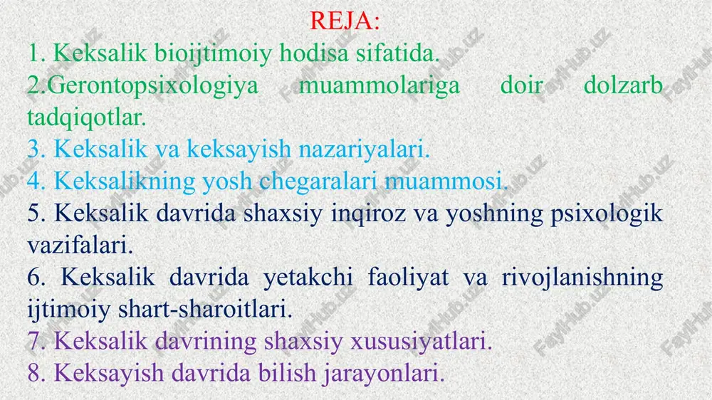va mustahkamlash sohasidir. gerogigiena keksa odamlarda asab, ruhiy kasalliklarning oldini olish uchun xizmat qiladi. geteroxronlik bir xil yoshdagi odamlarda ruhiy jarayonlarning turlicha (har xil vaqt va muddatda) namoyon bo‘lishidir. i.v.davidovskiyning fikricha, uzoq umr ko‘ruvchilar asosan ozish, faol, harakatchan odamlar bo‘lib, havodan erkin nafas olishni juda yoqtiradilar, organizm faoliyatiga daxldor tinka quritar kasalliklardan holi bo‘ladilar. davidovskiy ippolit vasilevich (20.07.(1.08.)1887, danilov yaroslavskoy gub. – 11.06.1968, moskva), vrach, patologoanatom. tadqiqotchi p.p.lazerev 1928- yilda umr o‘tishi bilan ko‘ruv apparati markaziy etnologiyasining xiralashuvini aytgan edi. keyinchalik, 1967- yilda amerikalik psixolog gregori bu fikrni tajribadan o‘tkazdi va inson keksayishi bilan retseptor apparatining optik funksiyasi zaiflashadi, ko‘ruv sezgasi va idrokini xiralashtiradi. ko‘zning rangni sezishi yoshi ulg‘ayishi bilan o‘zgarib boradi, hatto, rangni ajratish qobiliyati sezilarli darajada pasayadi. pyotr petróvich lázarev (1878—1942) — russkiy i sovetskiy fizik, biofizik i geofizik, pedagog, akademik an sssr keksalik bioijtimoiy hodisa sifatida. qarilikning birinchi davri gerontogenez yoki keksayish davri deb ataladi. ko‘pchilik olimlarning …