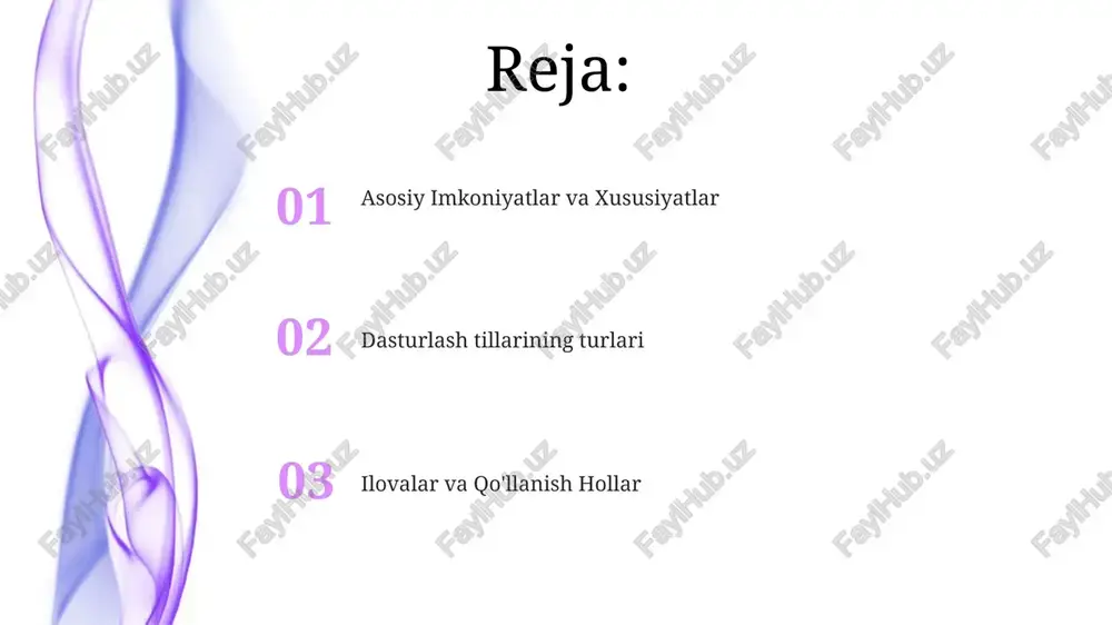 turlash o'zgarmas ma'lumotlar va birinchi darajali funksiyalarni ta'kidlaydi. dasturlash tillari xotira boshqaruvi, konkurrentlik modellari va tur tizimlari kabi imkoniyatlarida farqlanadi. mashhur dasturlash tillari javascript: veb-dasturlash, interaktiv veb-saytlar va mobil ilovkalar uchun muhim. java: mustahkam, platformadan mustaqil, korxona dasturlari uchun mashhur. go: samaradorlik va konkurrentlik go'ning goroutine va kanallarga asoslangan konkurrentlik modeli parallel vazifalarni bajarishni soddalashtiradi. go yuqori samarali, masshtablanadigan tizimlarni, xususan veb-dasturlash, tarmoqlash va tarqalgan tizimlar kabi sohalarda yaratish uchun juda mos keladi. protsessual dasturlash imkoniyatlar: ma'lumotlarni boshqarish, dastur boshqarish, kiritish/chiqarish va apparat bilan o'zaro ta'sirni o'z ichiga oladi. dasturlash tillari: kompyuterlar bilan muloqot qilish imkonini beradi, har biri o'z sintaksiyasi va imkoniyatlari bilan. dasturlash tillari turlari python: umummahiy maqsadli, ma'lumotlar fanlari; java: korxona dasturlari, android dasturlash c++: tezlikka bog'liq dasturlar, o'yin rivojlantirish ob'ektga yo'naltirilgan dasturlash 01 02 dasturlash tillari: dasturchilarga inson tomonidan o'qiladigan ko'rsatmalarni mashina tushunadigan kodga tarjima qilish orqali dasturlar yaratish imkonini beradigan vositalar. obyektga yo'naltirilgan dasturlash: haqiqiy …